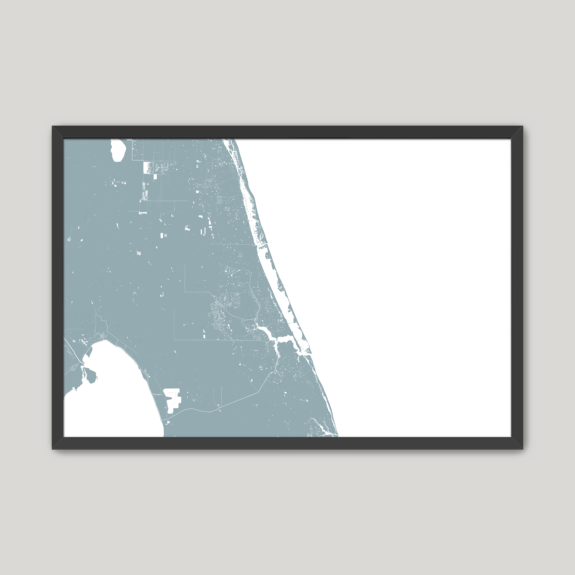 Treasure Coast Coastal Map — Fine Art Print Horizontal, soft-blue, Black Frame, 10x8