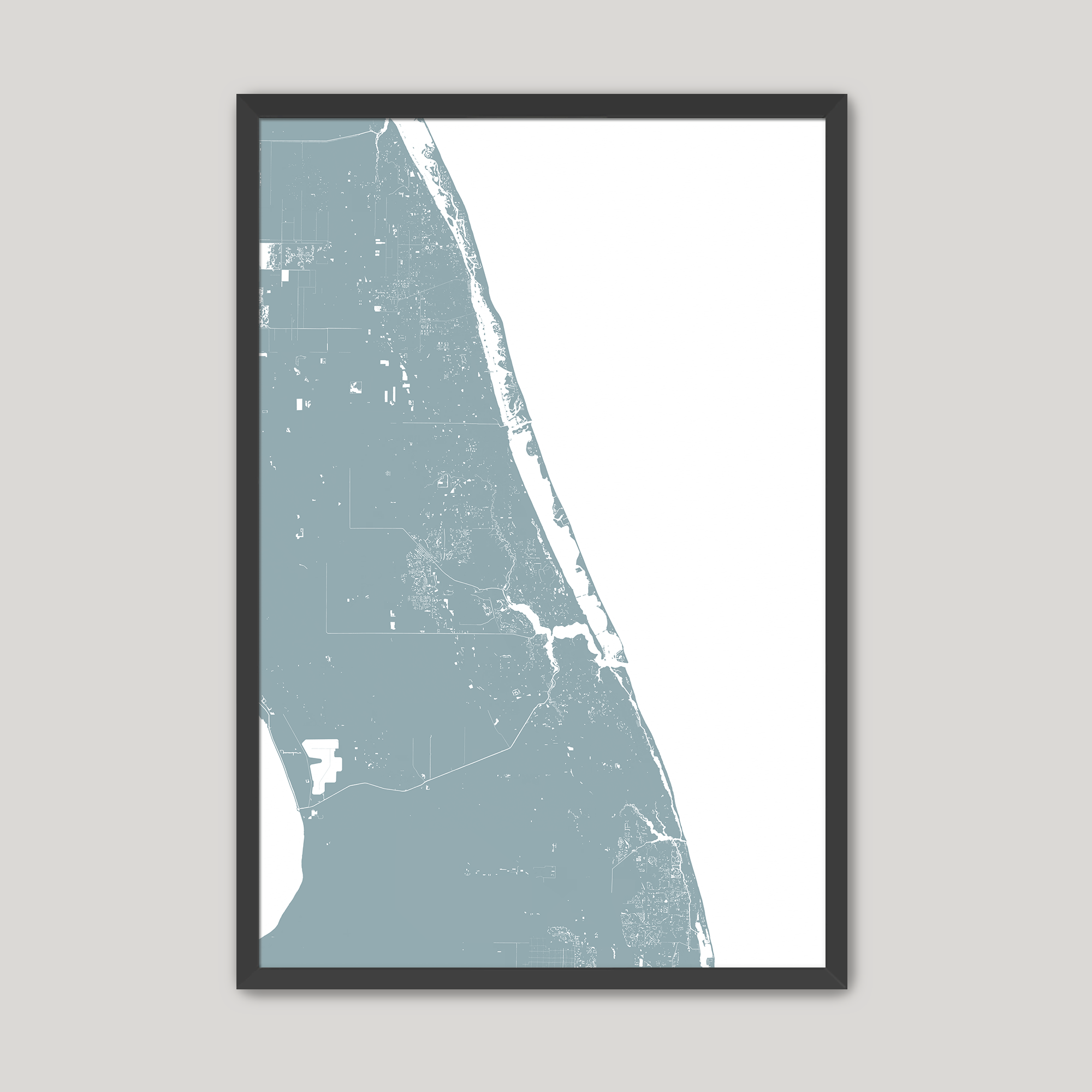 Treasure Coast Coastal Map — Fine Art Print Vertical, soft-blue, Black Frame, 8x10