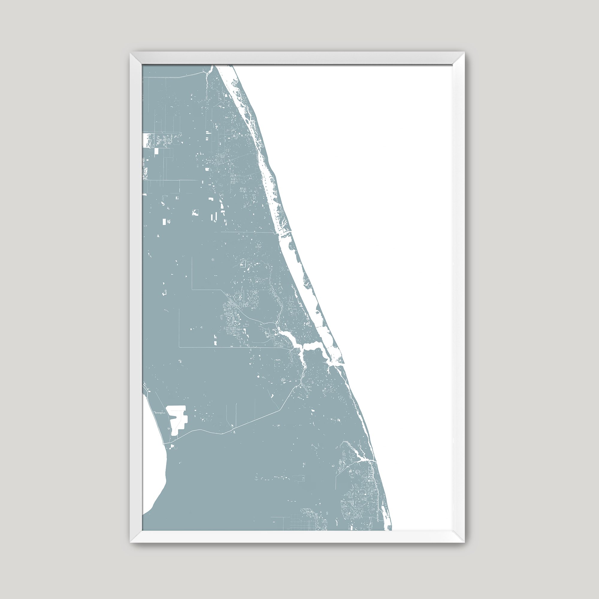 Treasure Coast Coastal Map — Fine Art Print Vertical, soft-blue, White Frame, 8x10