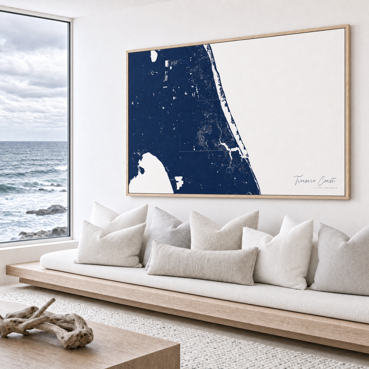 Treasure Coast canvas map — sea-view bench interior