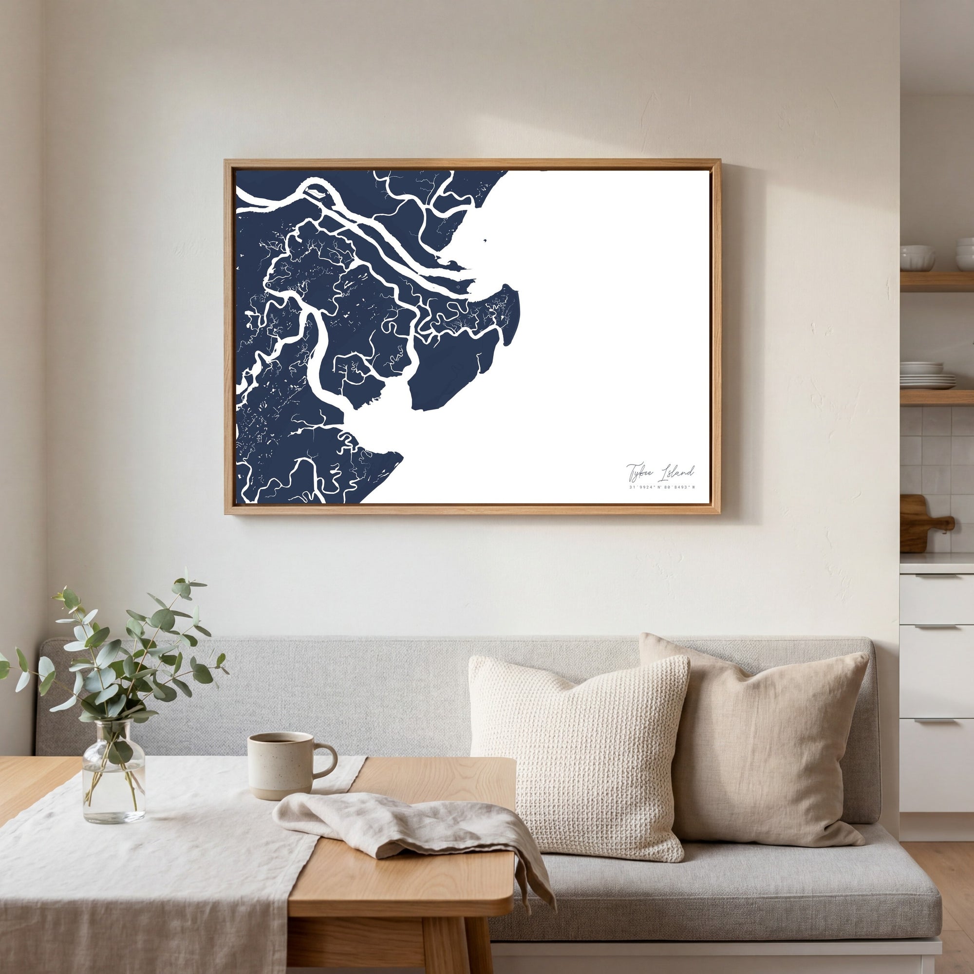 Tybee Island navy horizontal canvas map in an oak framed room scene