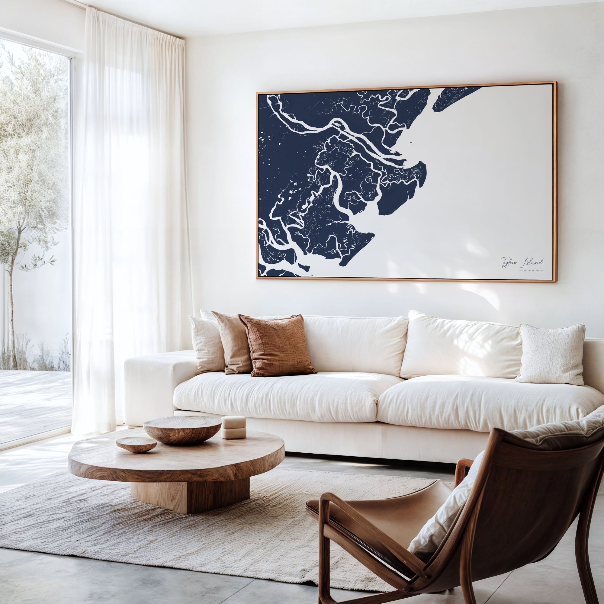 Tybee Island navy horizontal canvas map in an oak framed room scene