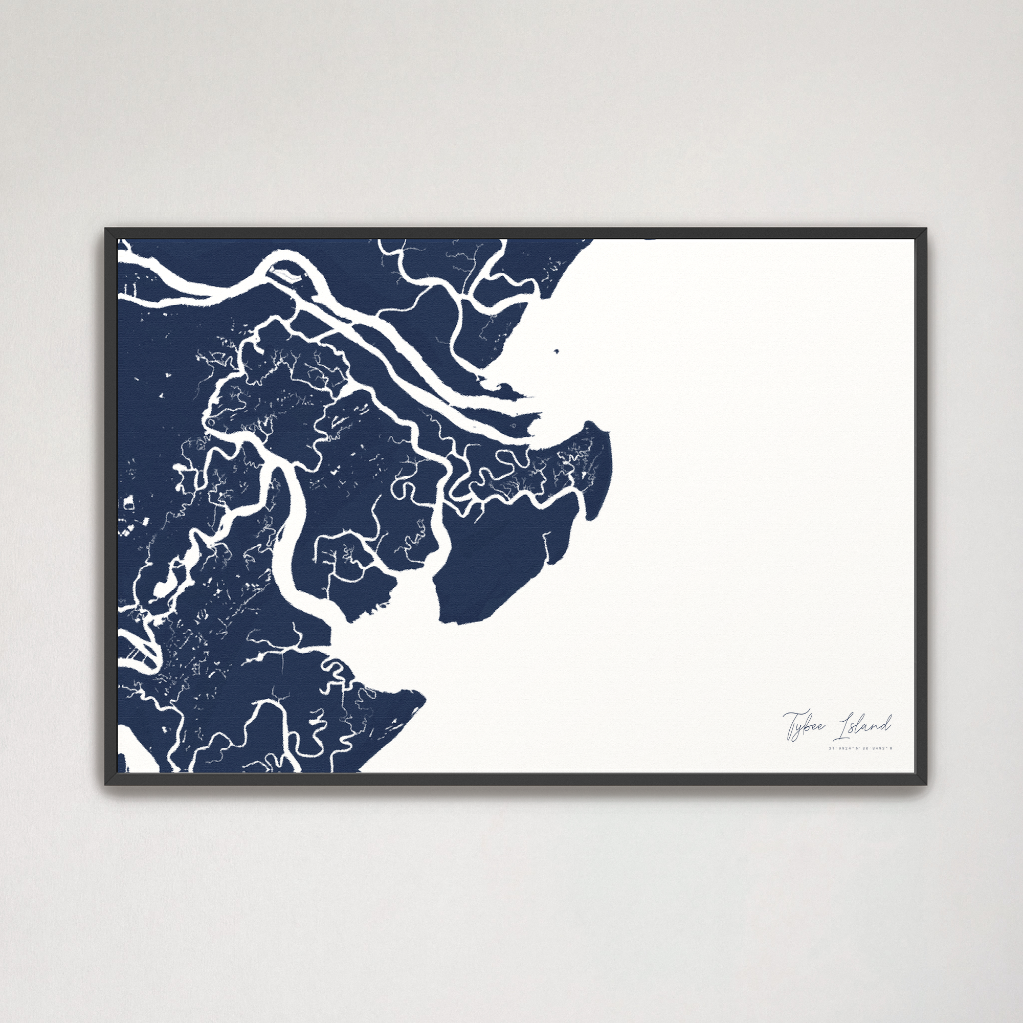 Tybee Island Coastal Map — Canvas Horizontal, navy, Black Frame