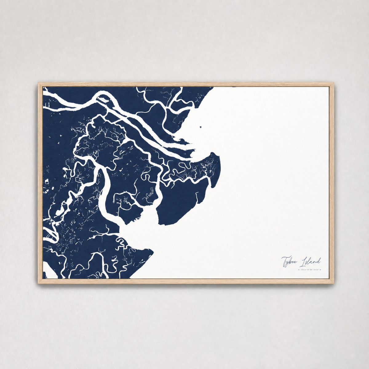 Tybee Island Coastal Map — Canvas Horizontal — navy, Light Wood
