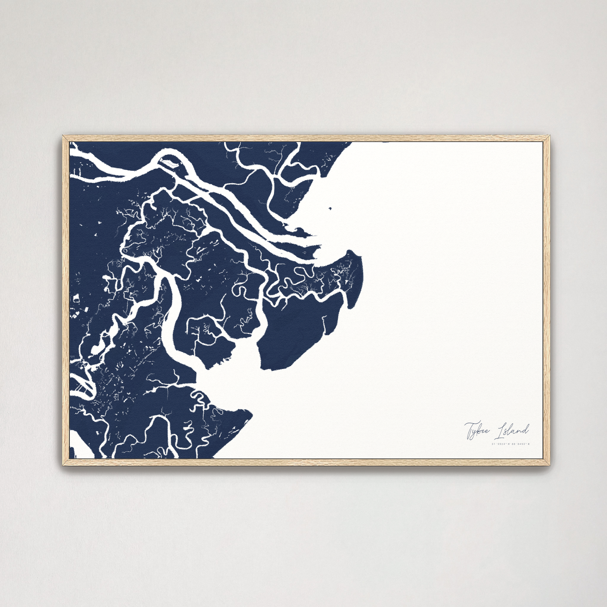 Tybee Island Coastal Map — Canvas Horizontal, navy, Natural Oak