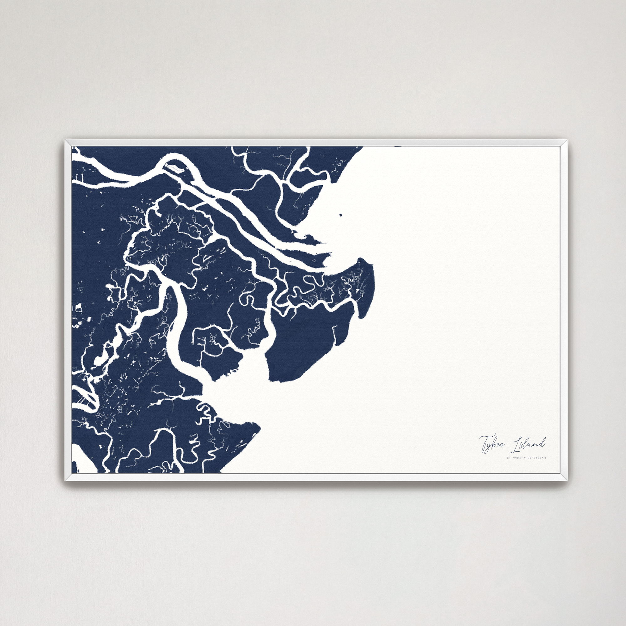 Tybee Island Coastal Map — Canvas Horizontal, navy, White Frame