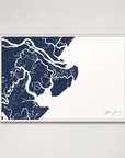 Tybee Island Coastal Map — Canvas Horizontal, navy, White Frame