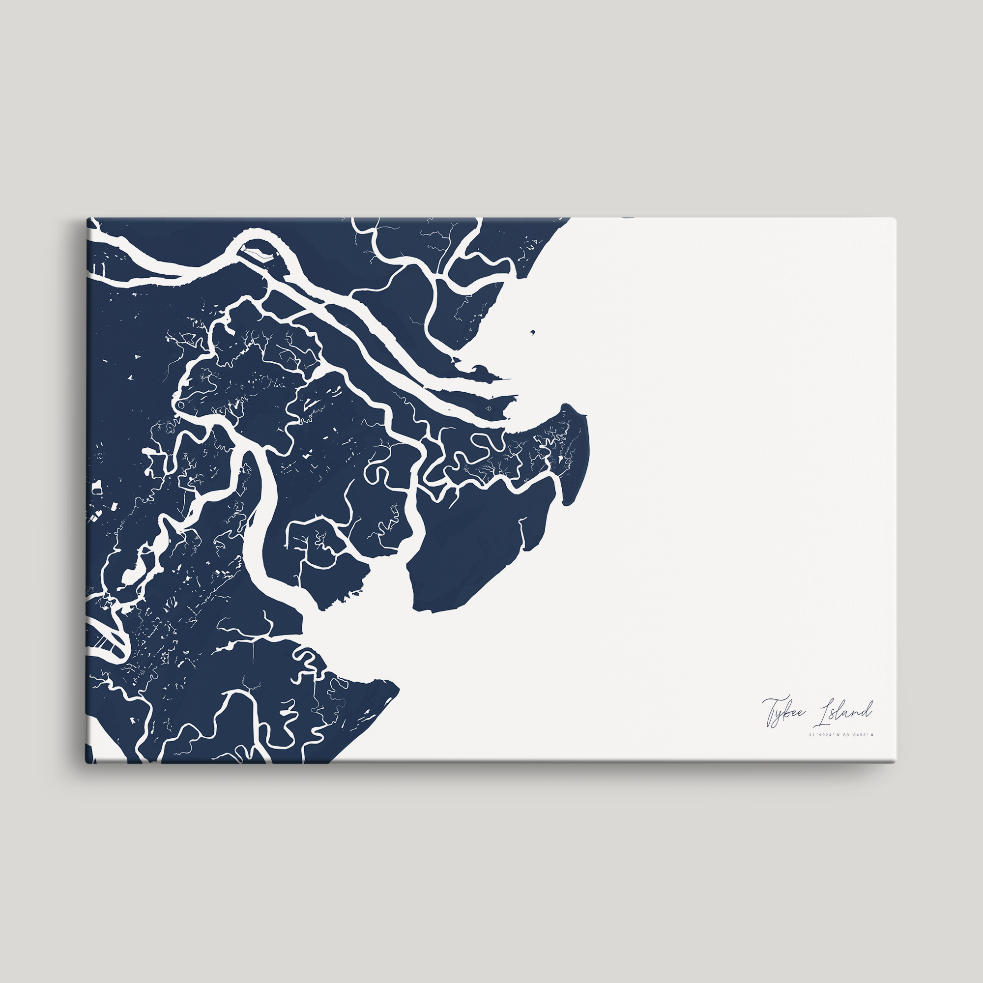 Tybee Island Coastal Map — Canvas Horizontal, navy, No Frame