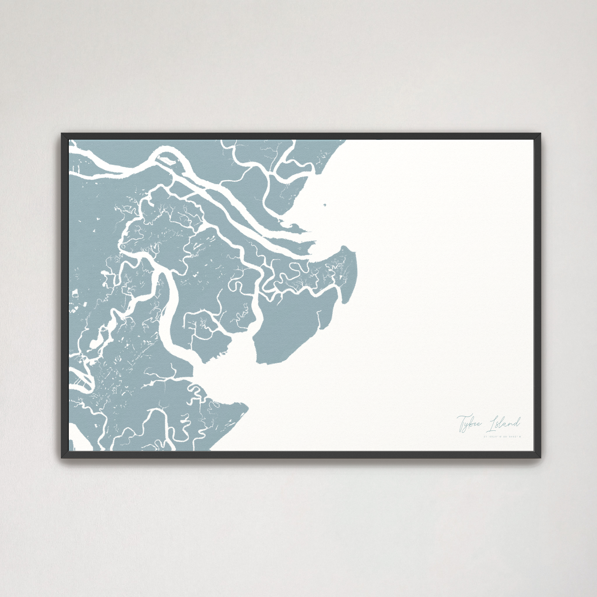 Tybee Island Coastal Map — Canvas Horizontal, soft-blue, Black Frame