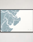 Tybee Island Coastal Map — Canvas Horizontal, soft-blue, Black Frame