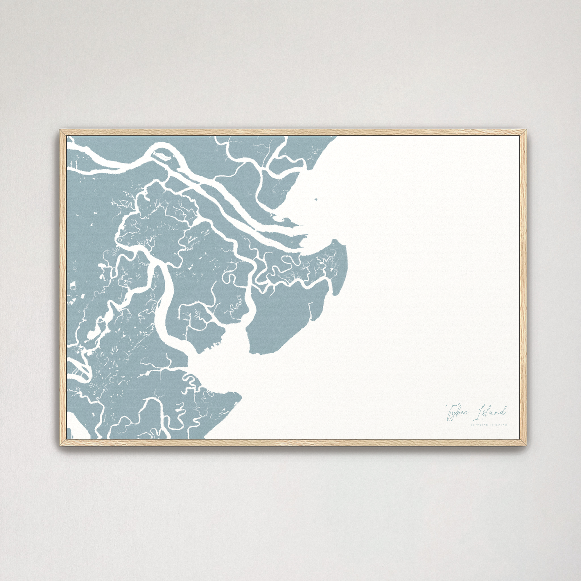 Tybee Island Coastal Map — Canvas Horizontal, soft-blue, Natural Oak