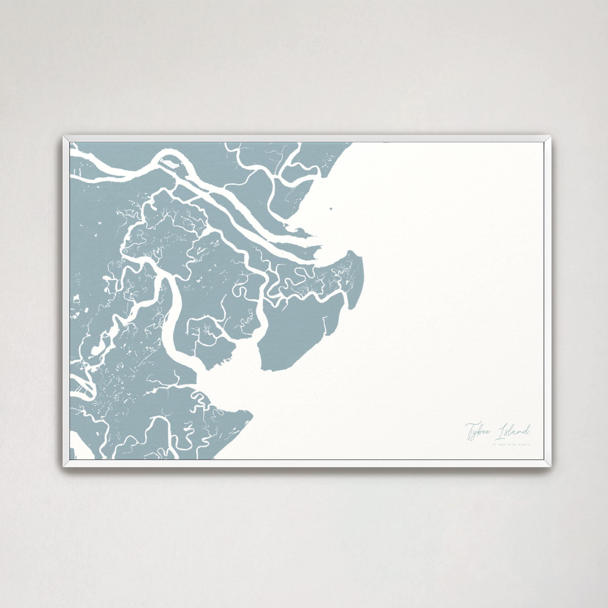 Tybee Island Coastal Map — Canvas Horizontal, soft-blue, White Frame