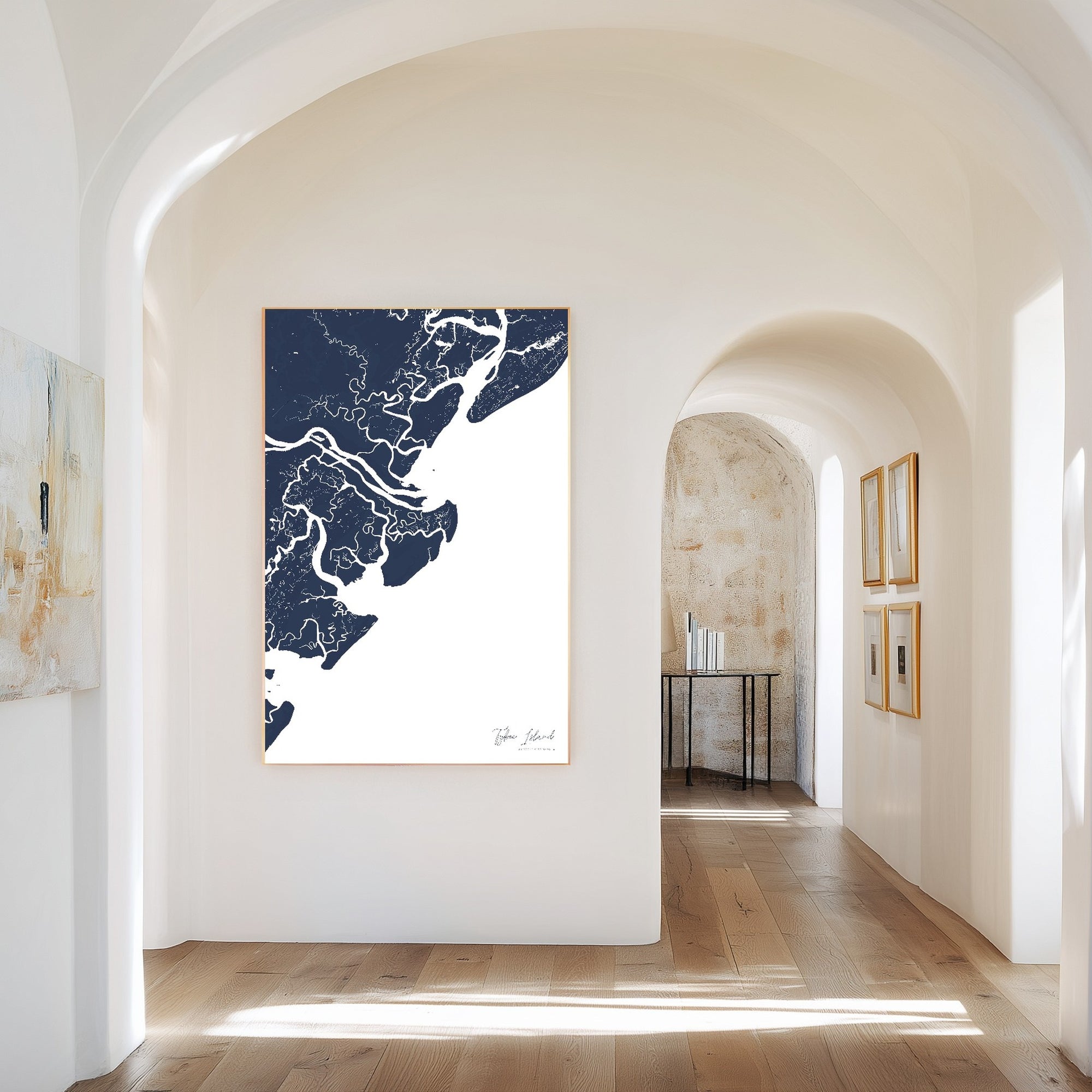 Tybee Island navy vertical canvas map in the Bello mixed room scene