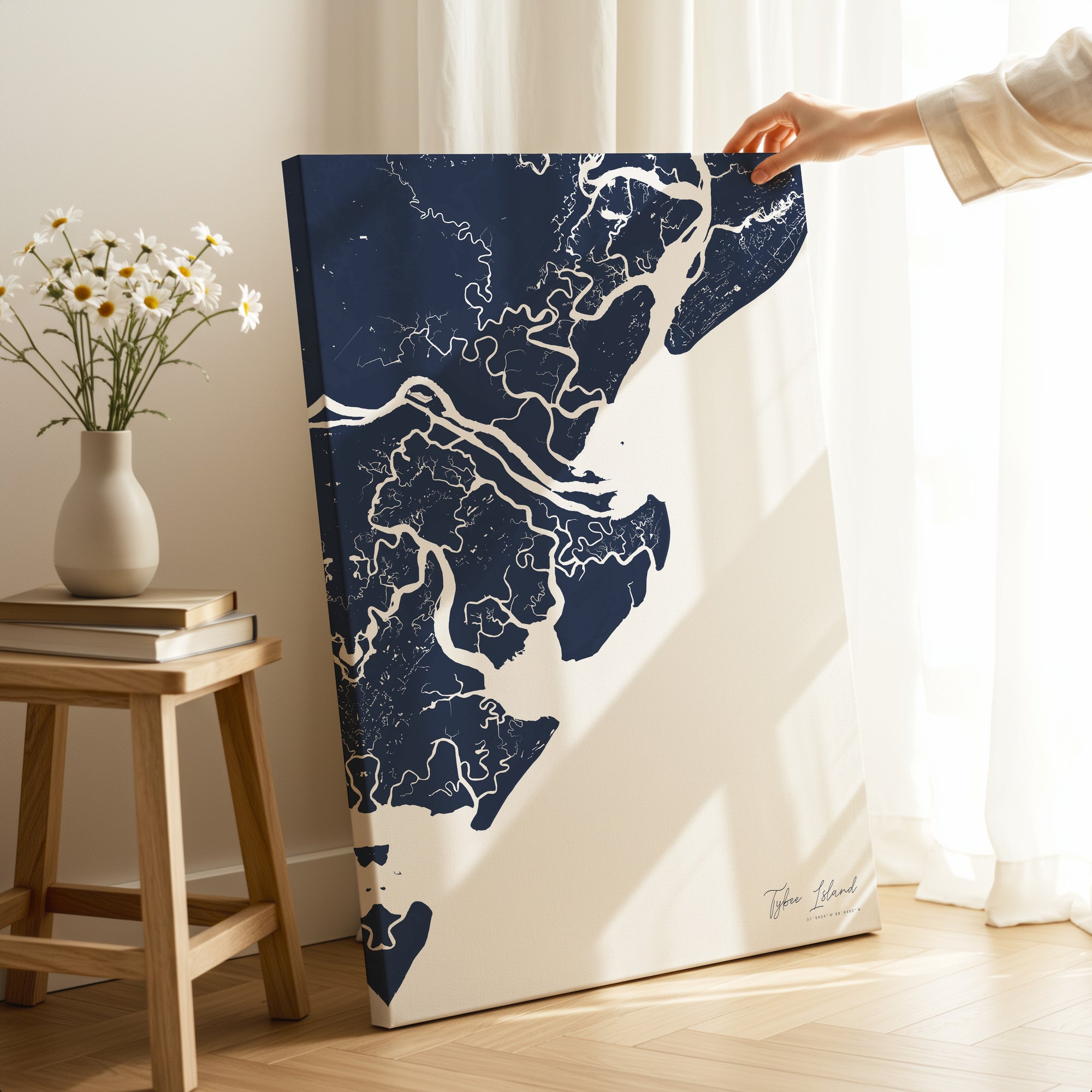 Tybee Island navy vertical wrapped canvas map in the ratio 2:3 hand mockup