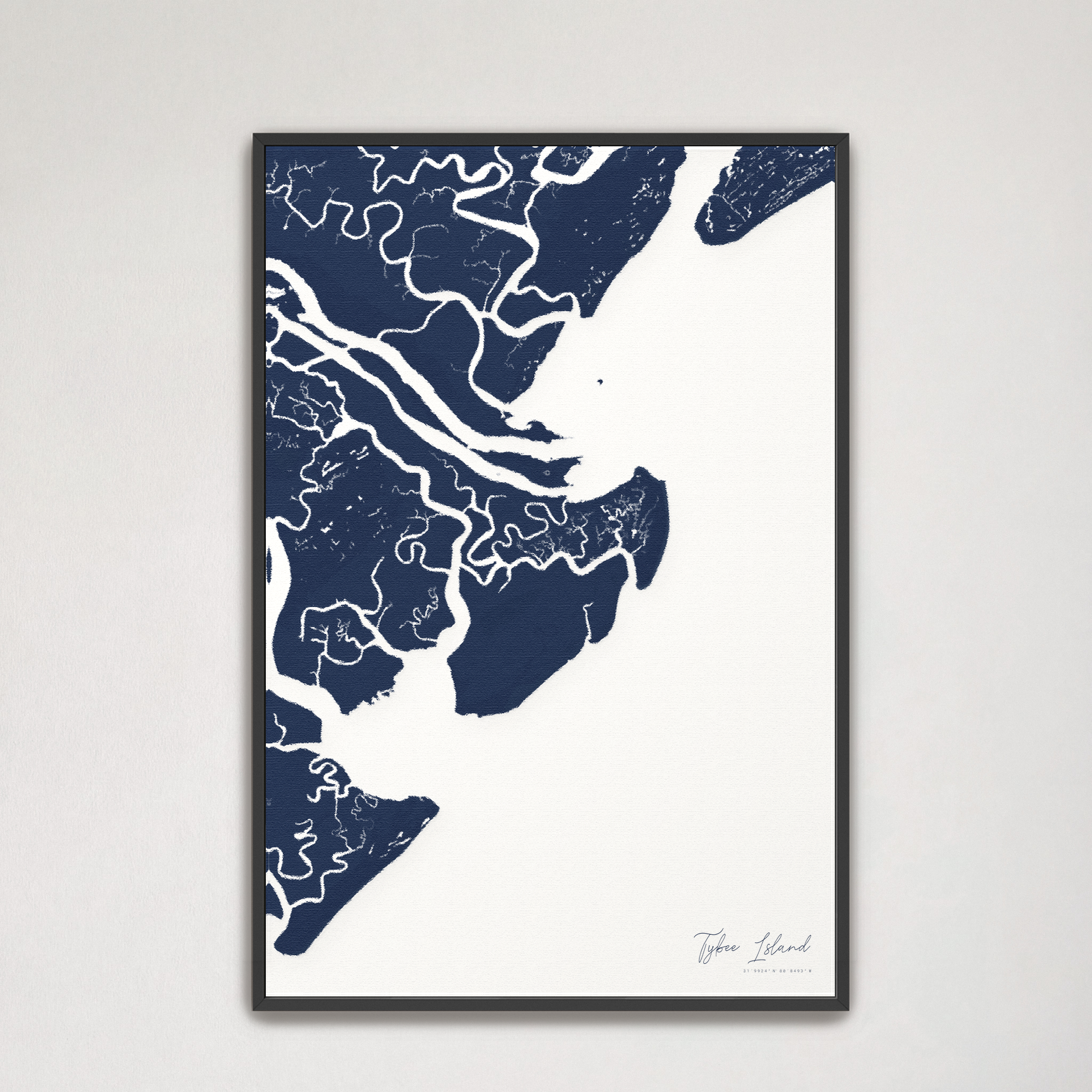 Tybee Island Coastal Map — Canvas Vertical, navy, Black Frame