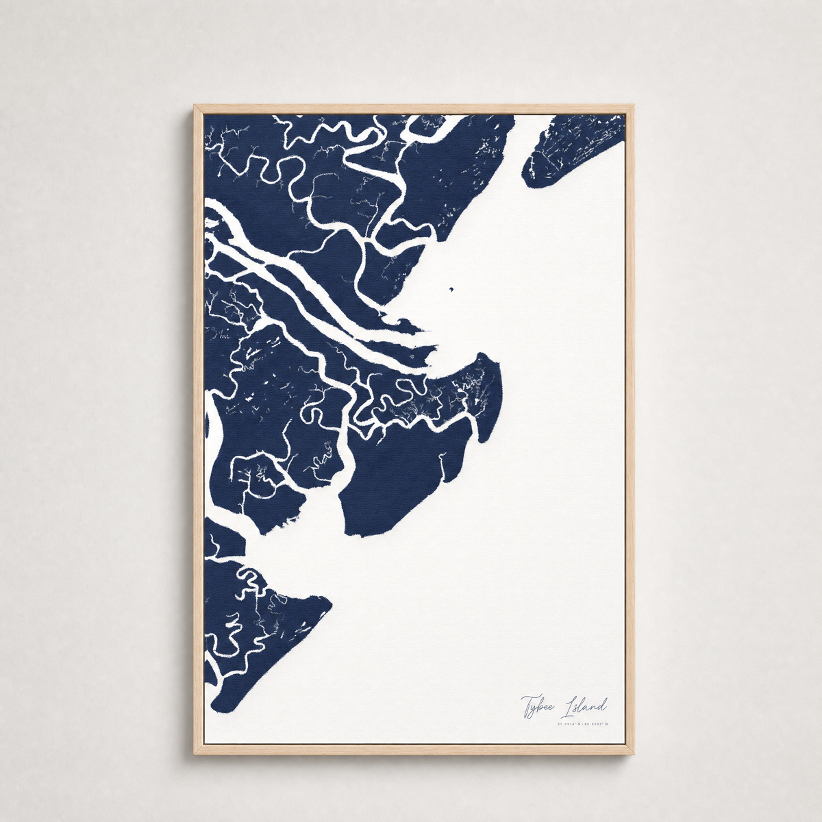 Tybee Island Coastal Map — Canvas Vertical — navy, Light Wood