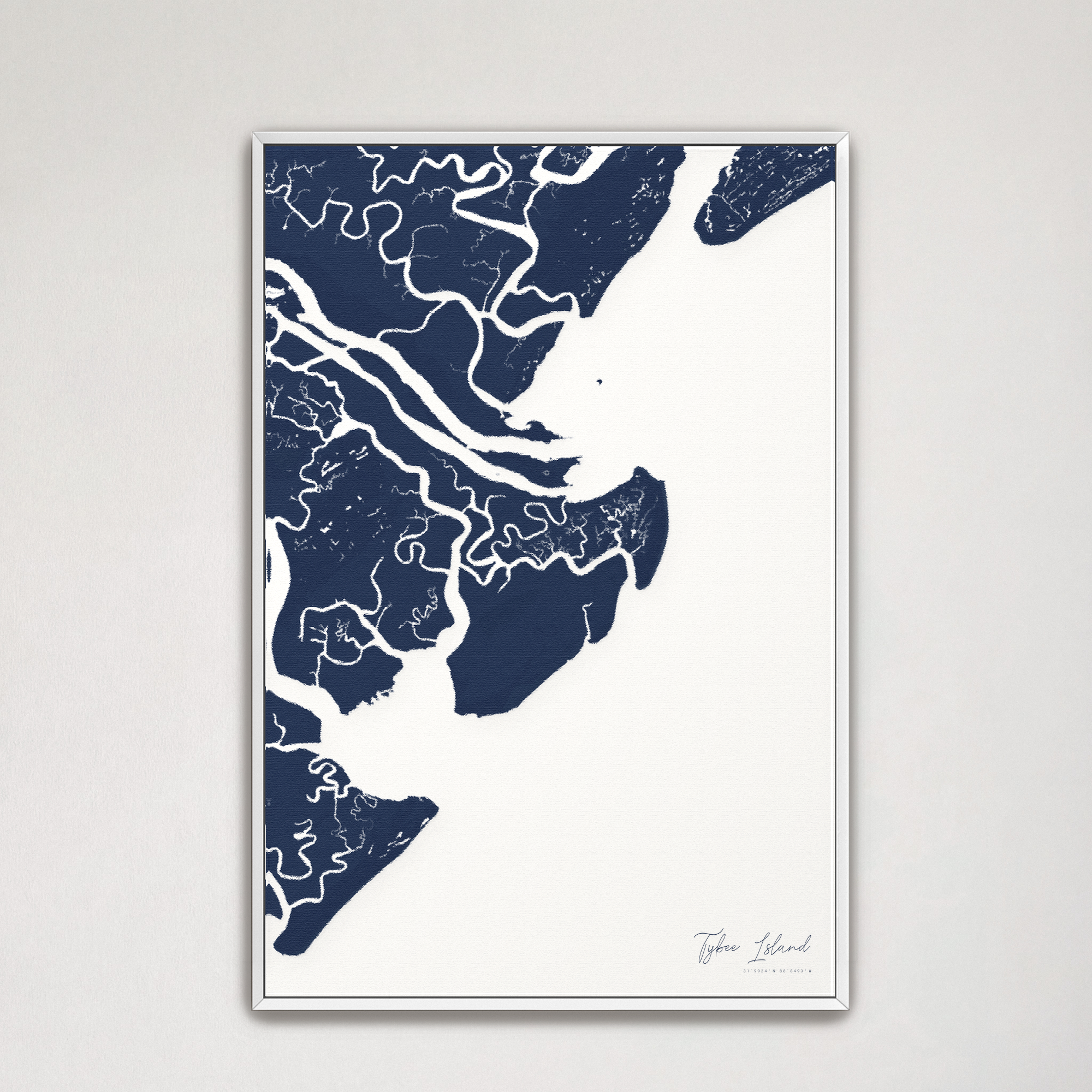 Tybee Island Coastal Map — Canvas Vertical, navy, White Frame