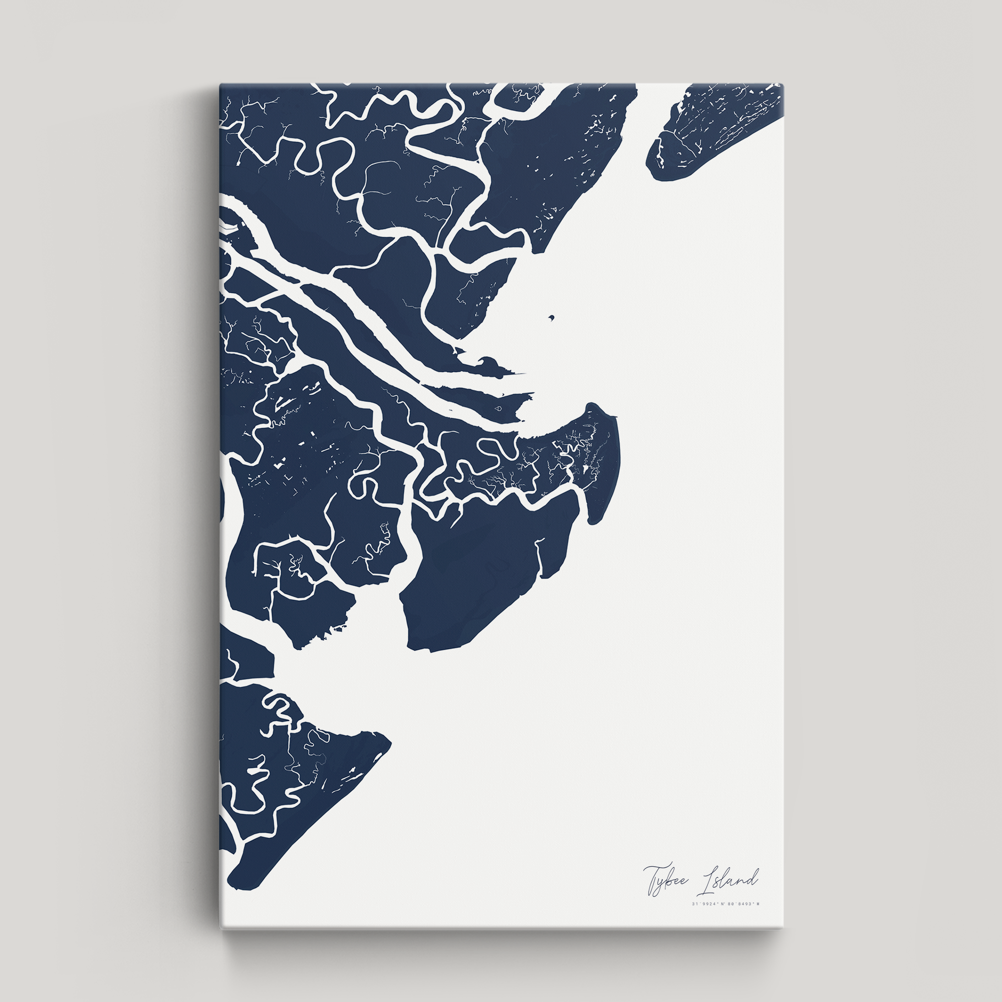 Tybee Island Coastal Map — Canvas Vertical, navy, No Frame