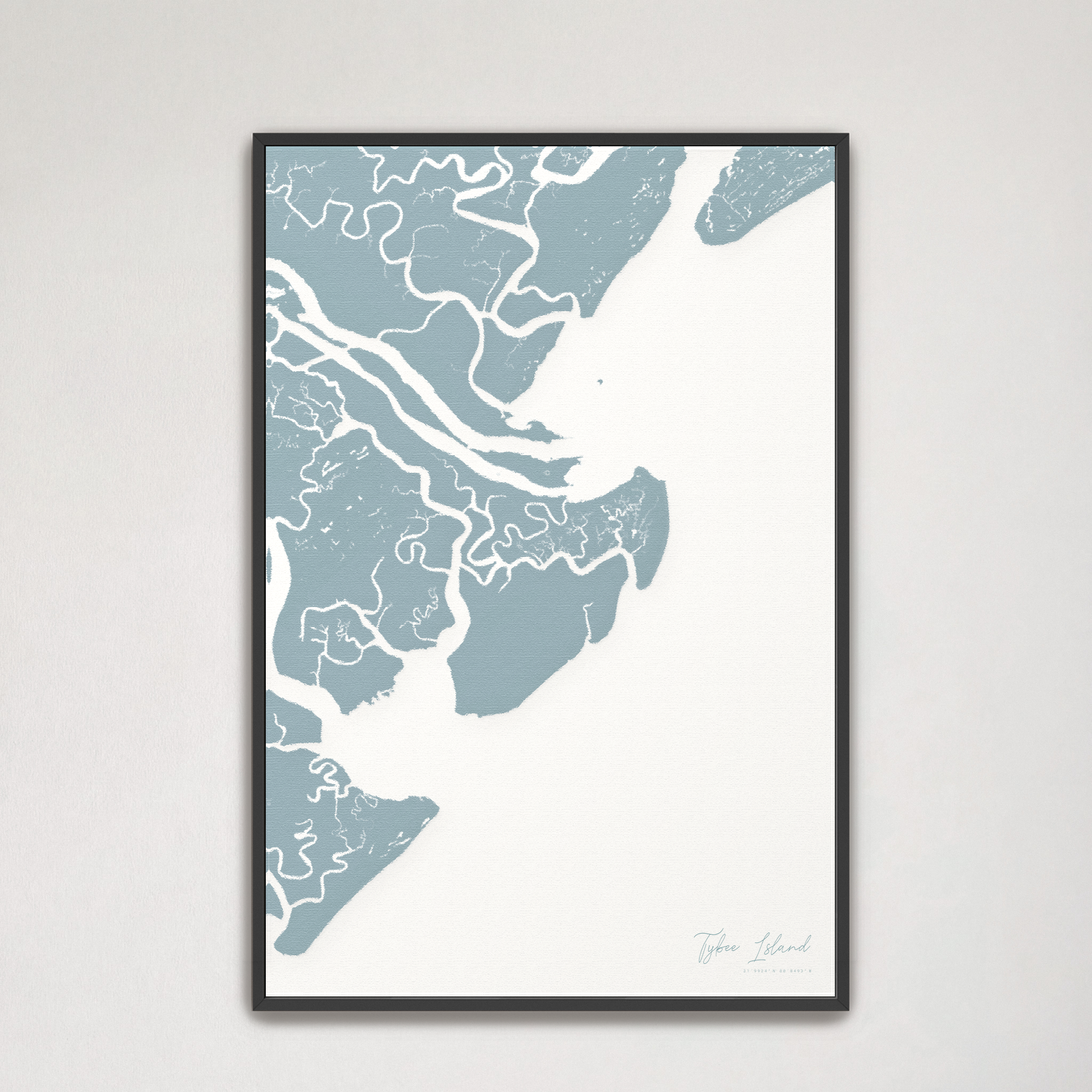Tybee Island Coastal Map — Canvas Vertical, soft-blue, Black Frame
