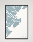 Tybee Island Coastal Map — Canvas Vertical, soft-blue, Black Frame