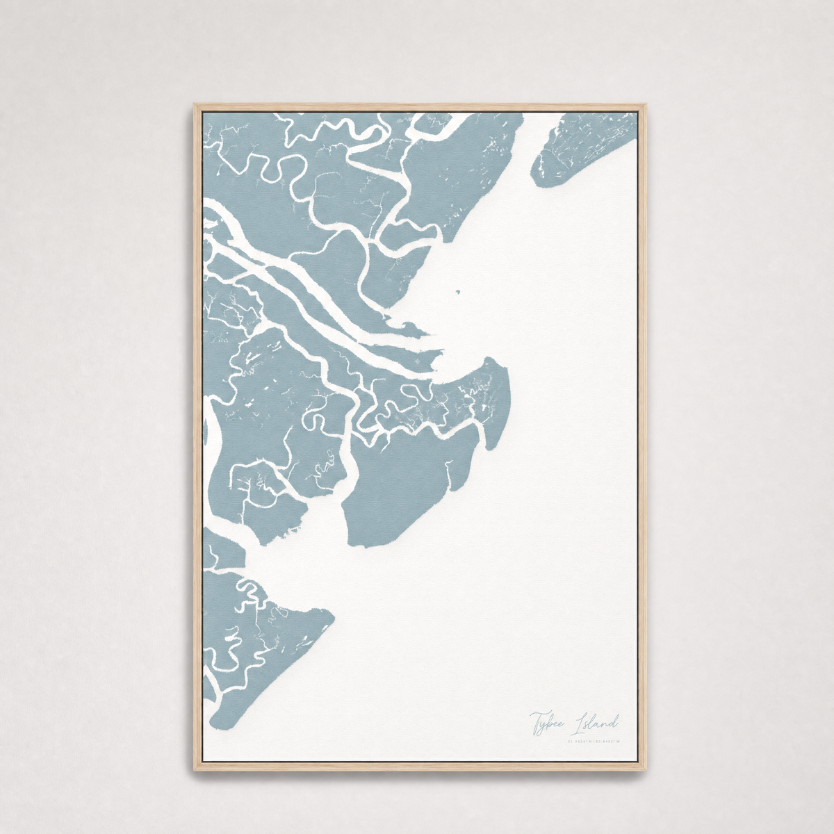 Tybee Island Coastal Map — Canvas Vertical — soft-blue, Light Wood