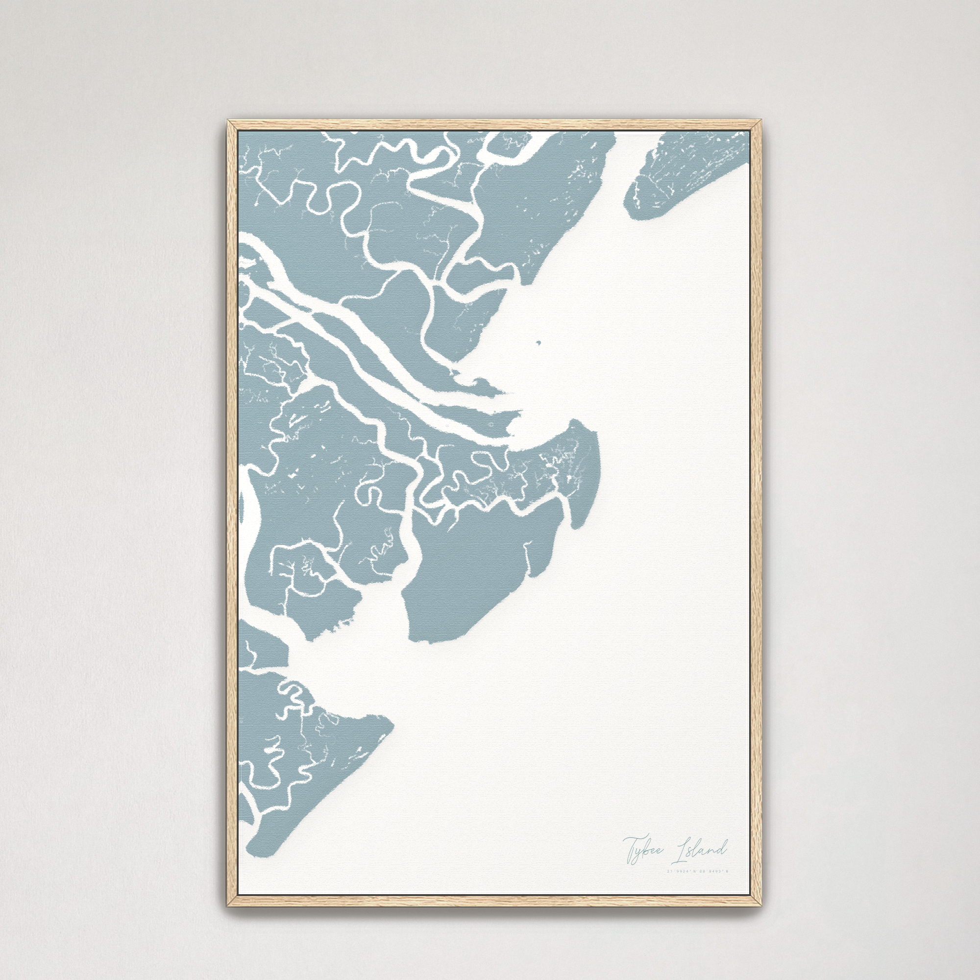 Tybee Island Coastal Map — Canvas Vertical, soft-blue, Natural Oak