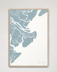 Tybee Island Coastal Map — Canvas Vertical, soft-blue, Natural Oak