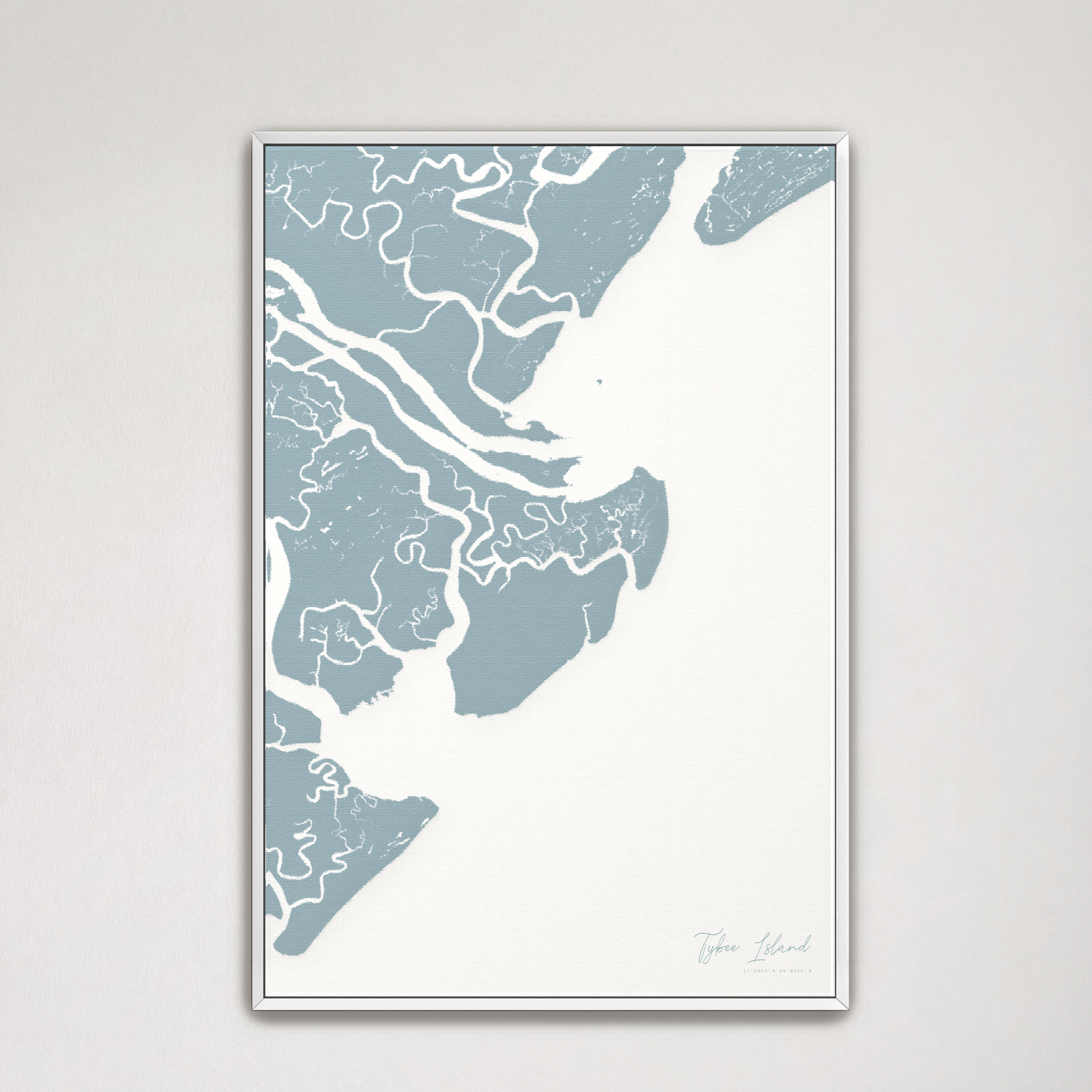 Tybee Island Coastal Map — Canvas Vertical, soft-blue, White Frame