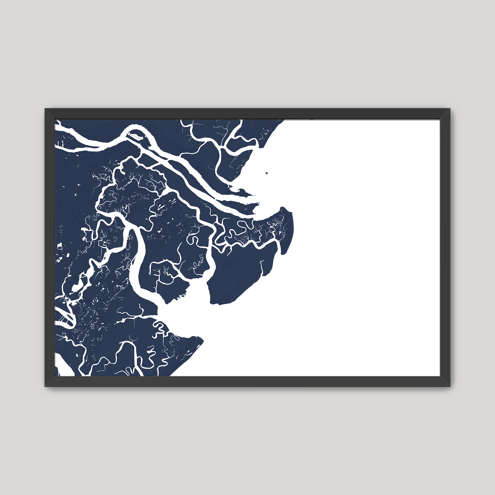 Tybee Island Coastal Map — Fine Art Print Horizontal, navy, Black Frame, 10x8
