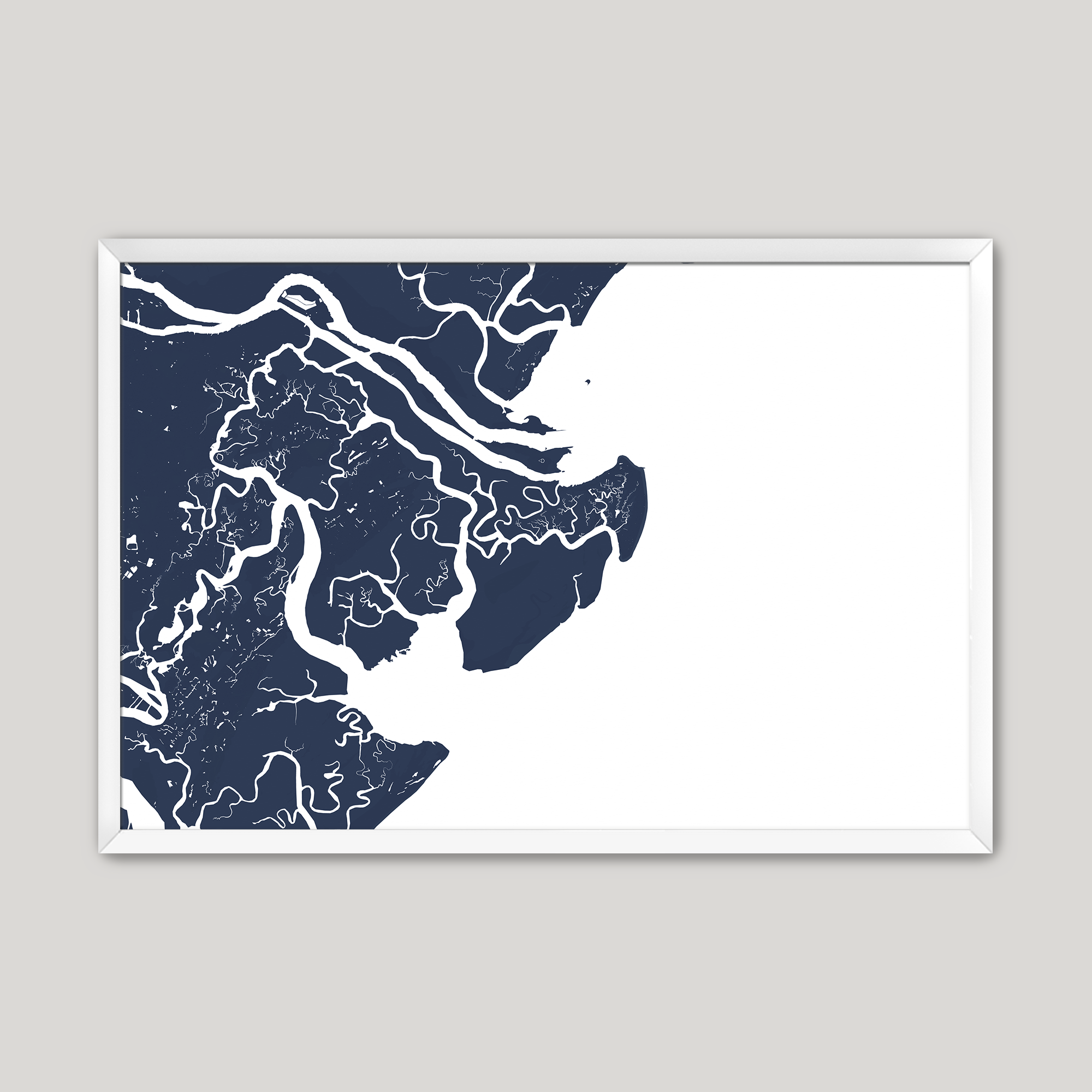 Tybee Island Coastal Map — Fine Art Print Horizontal, navy, White Frame, 10x8