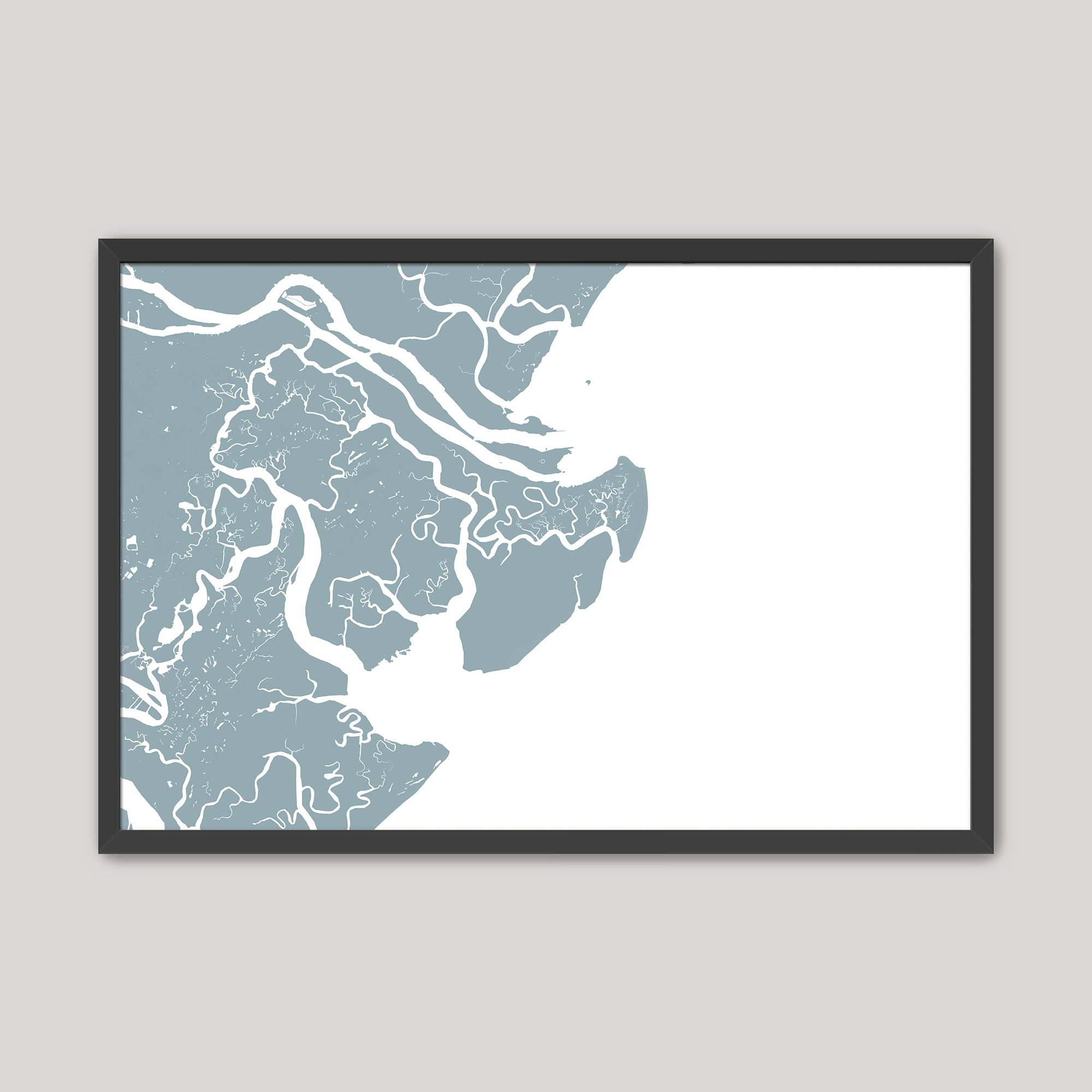 Tybee Island Coastal Map — Fine Art Print Horizontal, soft-blue, Black Frame, 10x8