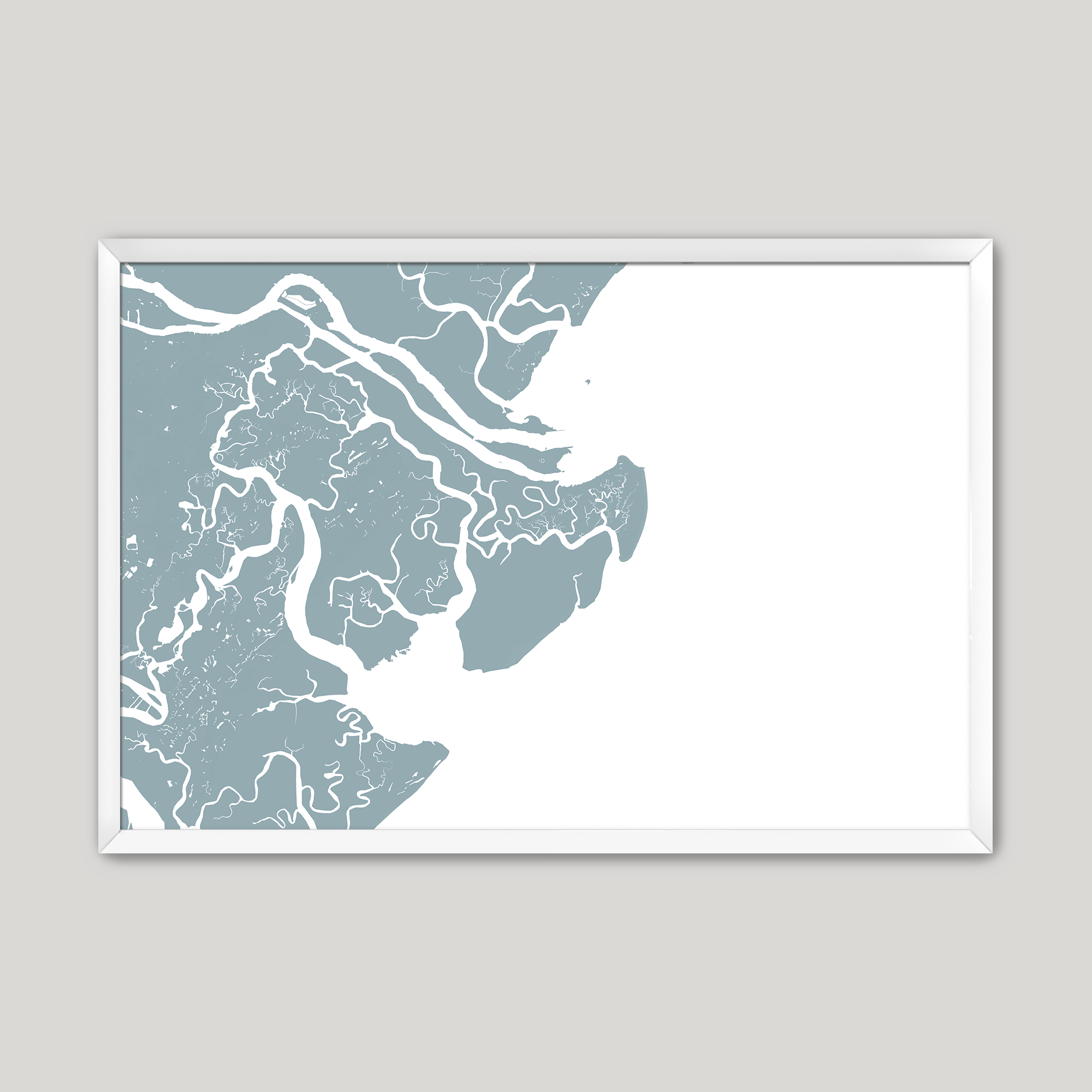 Tybee Island Coastal Map — Fine Art Print Horizontal, soft-blue, White Frame, 10x8