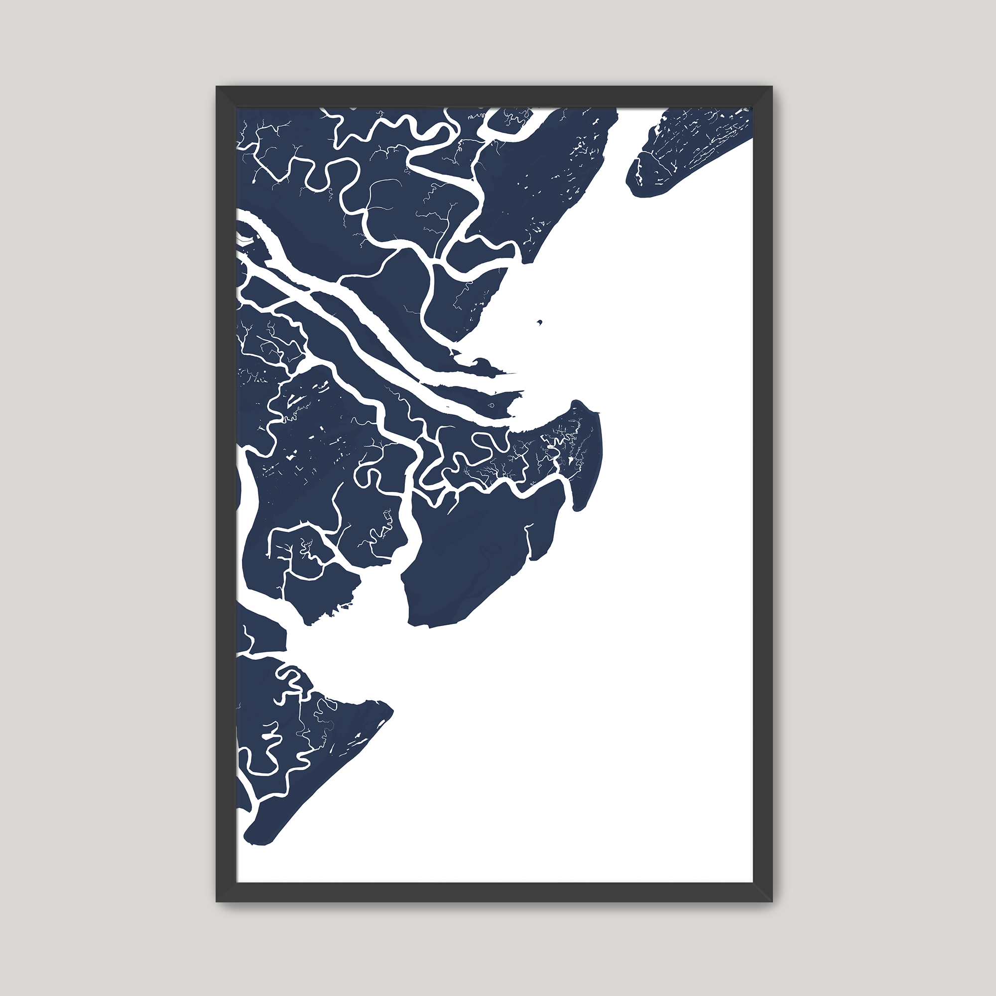 Tybee Island Coastal Map — Fine Art Print Vertical, navy, Black Frame, 8x10