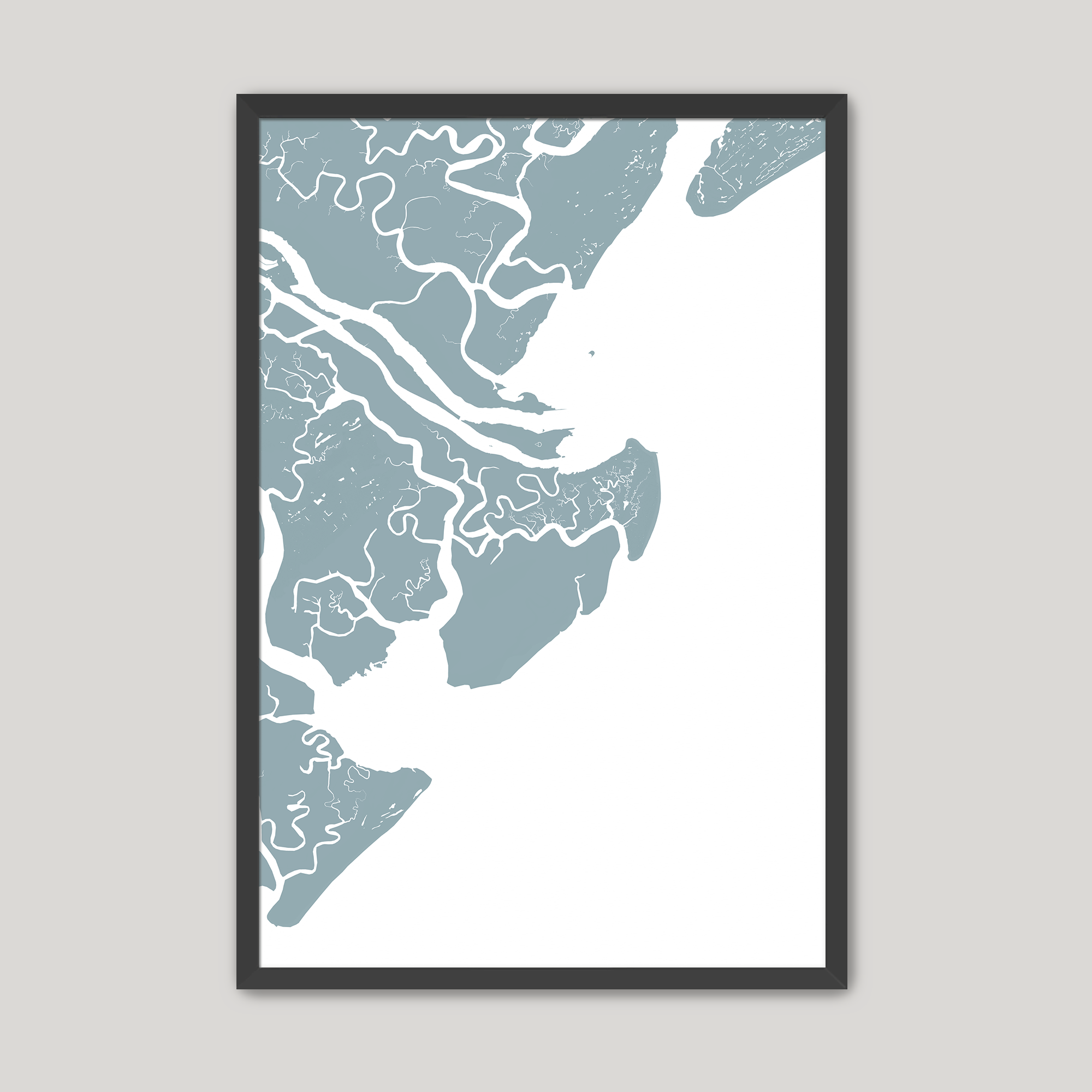 Tybee Island Coastal Map — Fine Art Print Vertical, soft-blue, Black Frame, 8x10