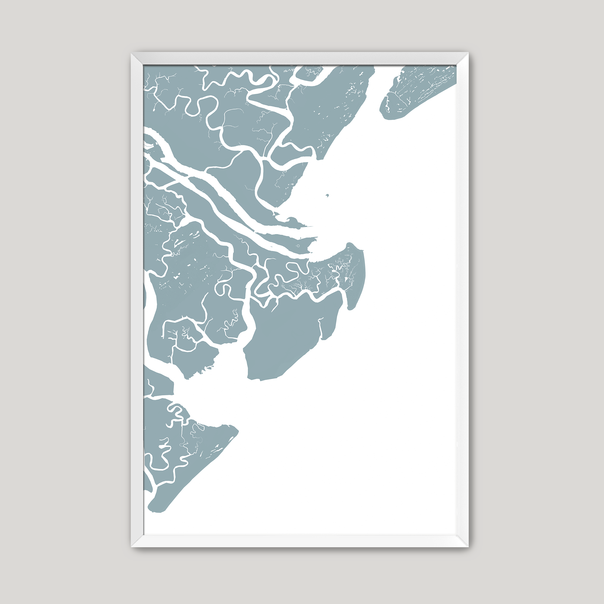 Tybee Island Coastal Map — Fine Art Print Vertical, soft-blue, White Frame, 8x10