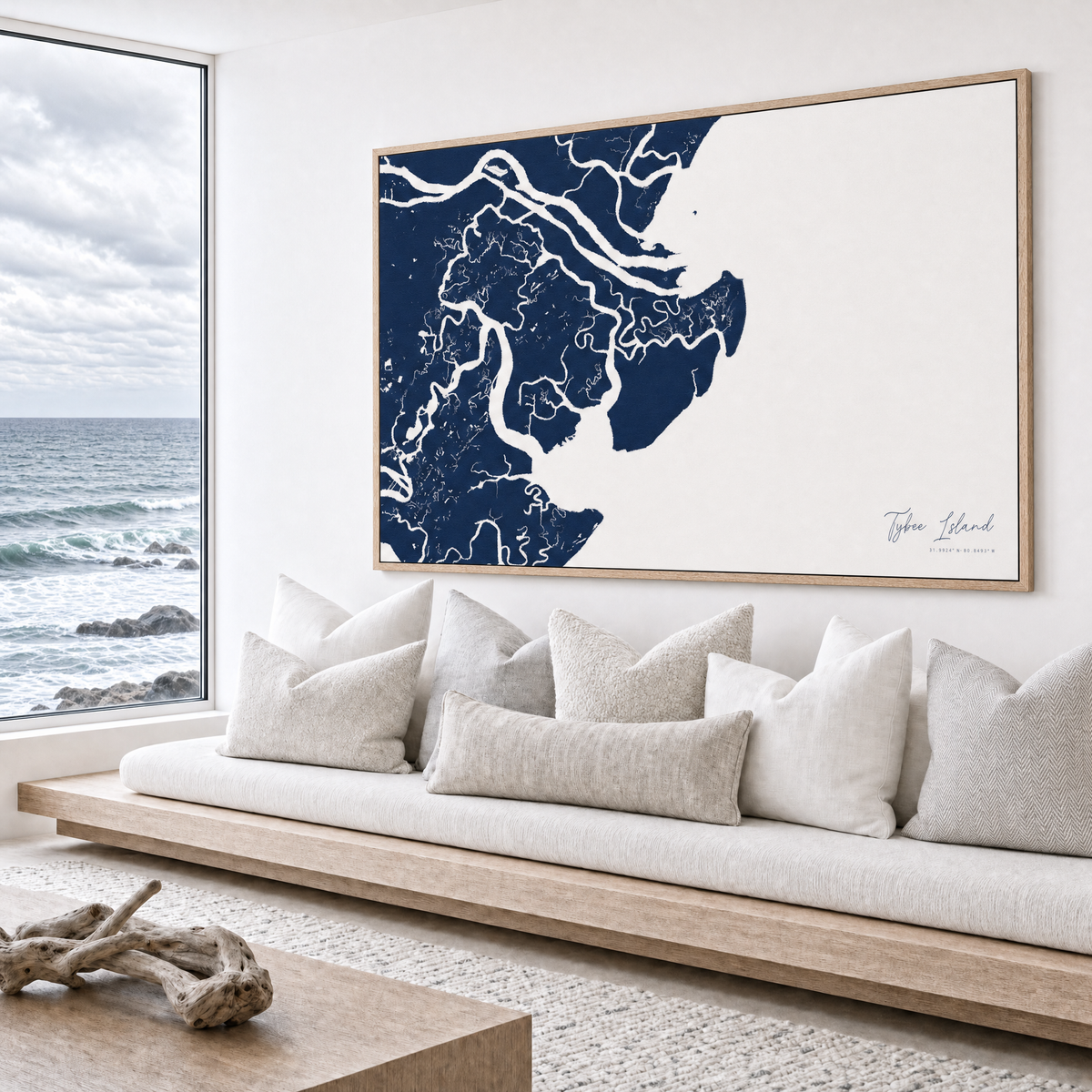 Tybee Island canvas map — sea-view bench interior