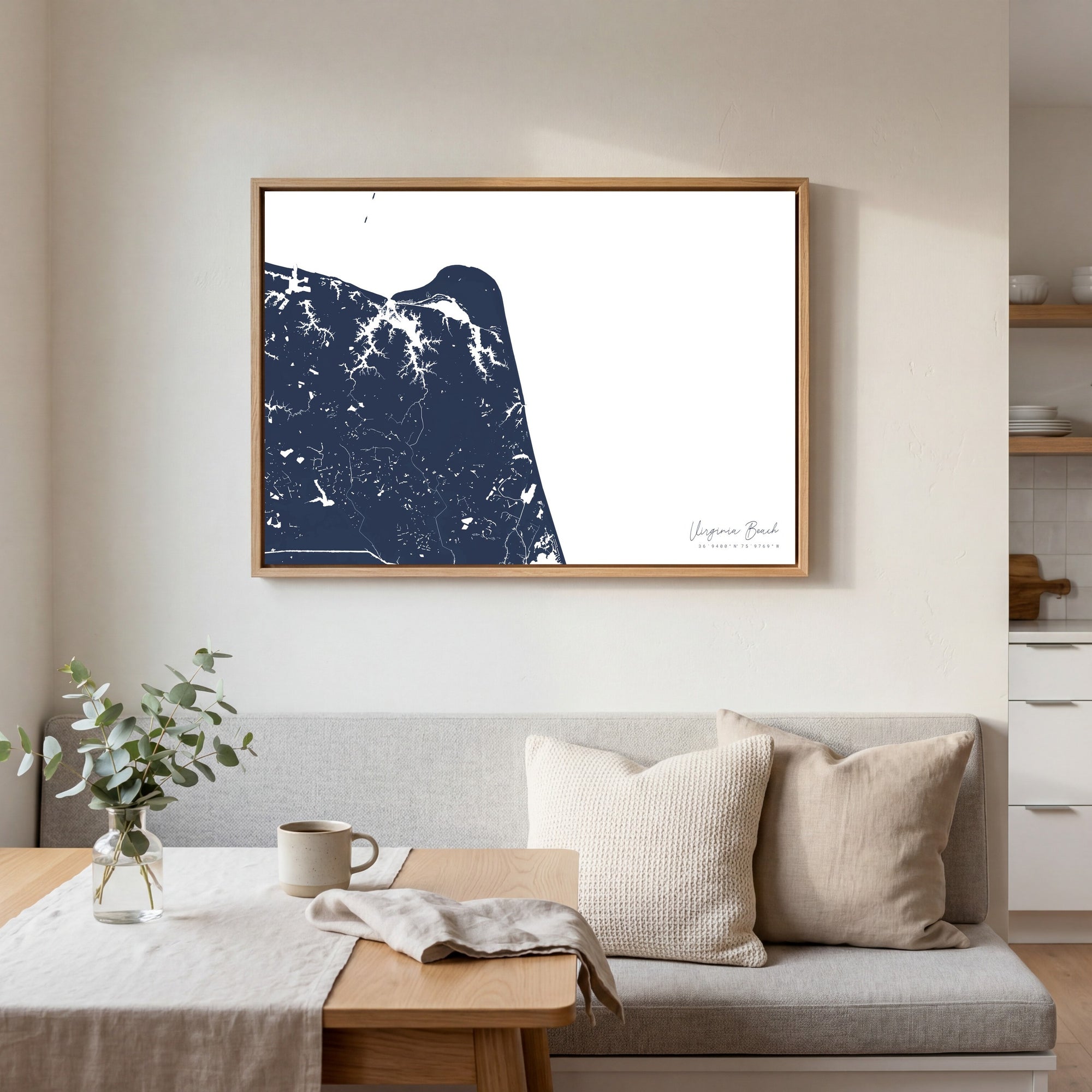 Virginia Beach navy horizontal canvas map in an oak framed room scene