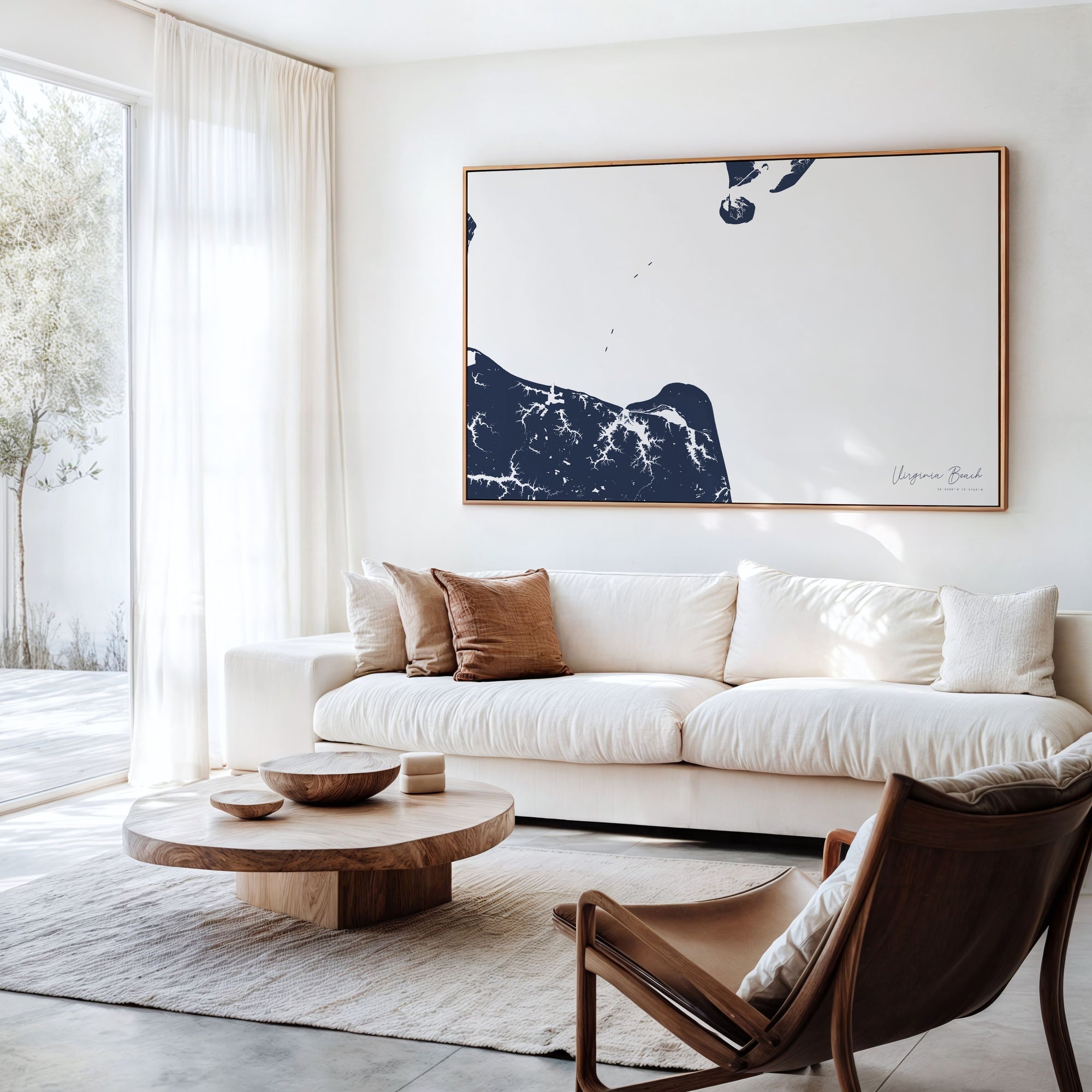 Virginia Beach navy horizontal canvas map in an oak framed room scene