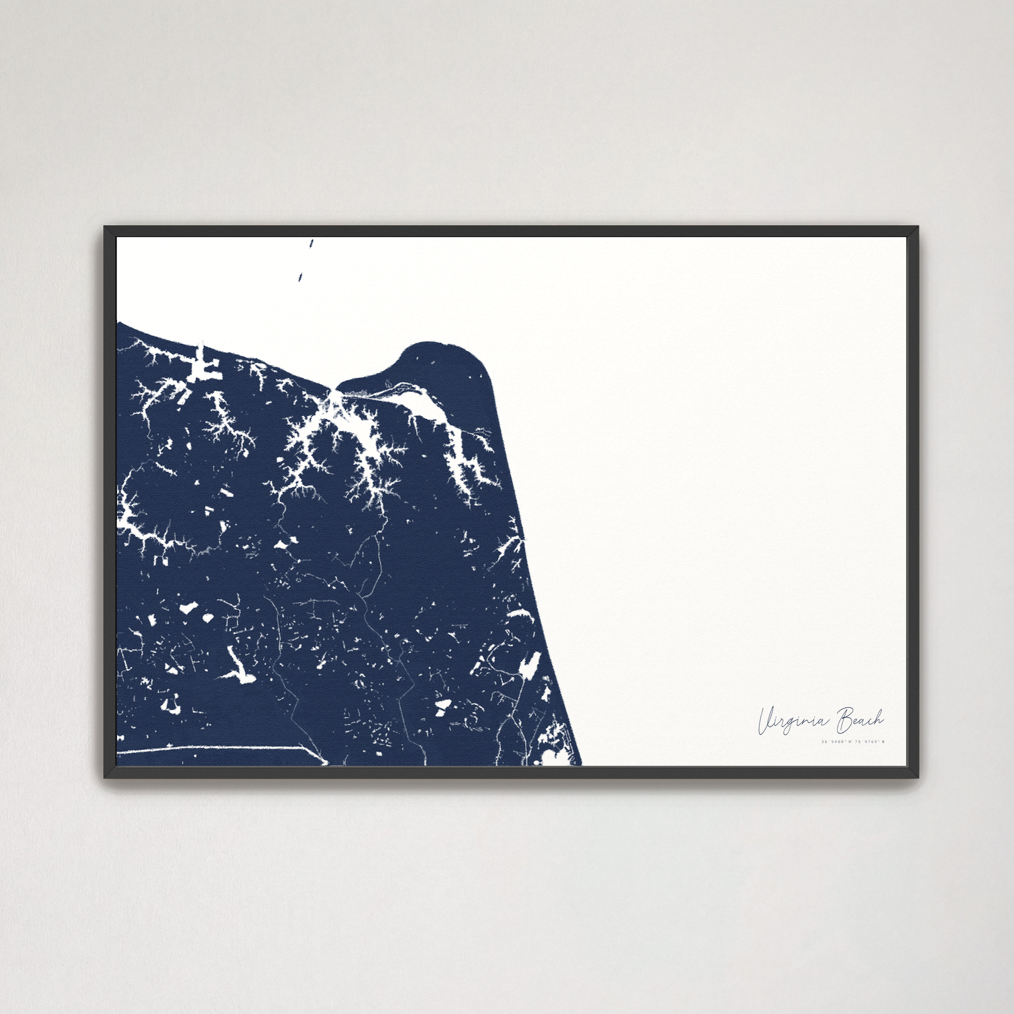 Virginia Beach Coastal Map — Canvas Horizontal, navy, Black Frame
