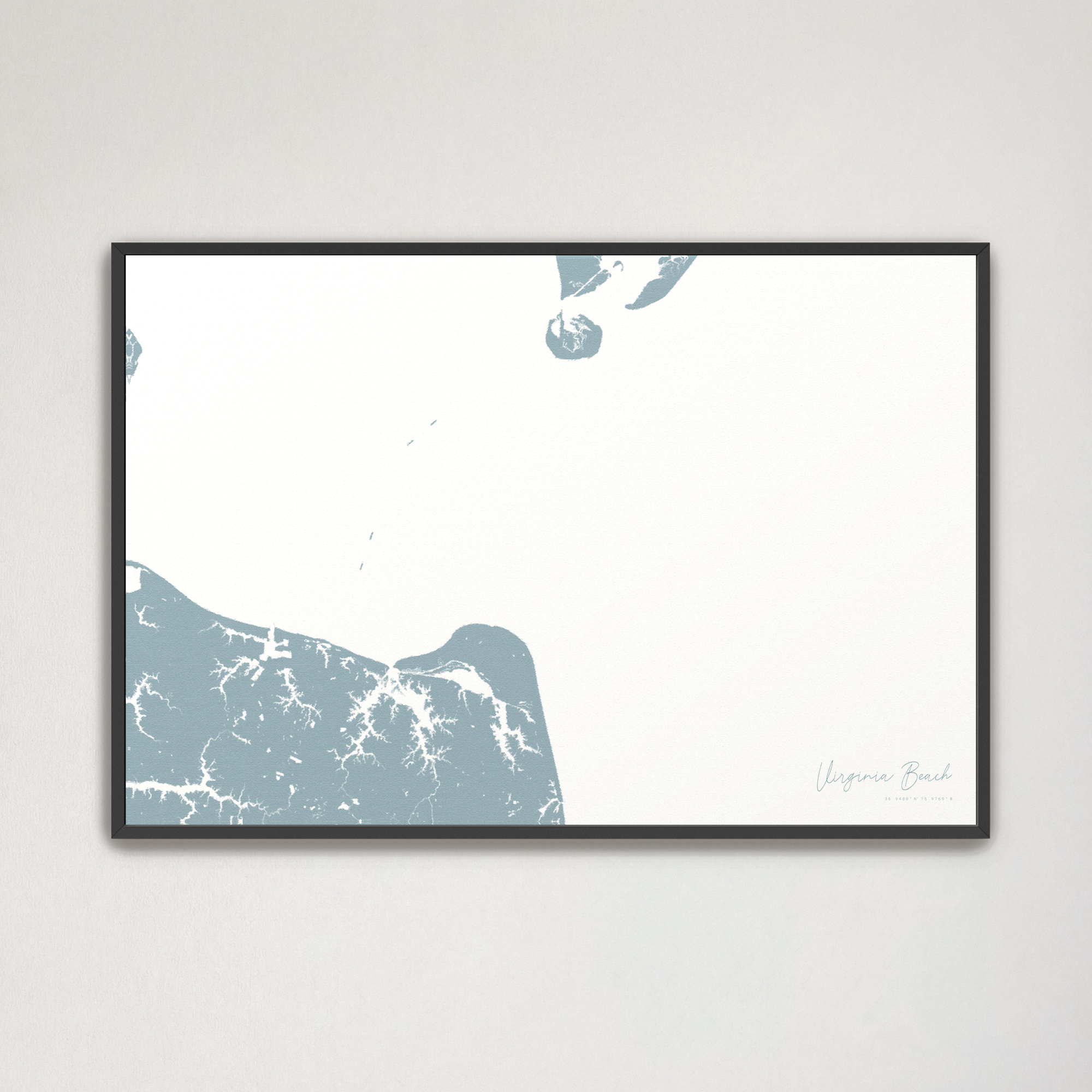 Virginia Beach Coastal Map — Canvas Horizontal, soft-blue, Black Frame