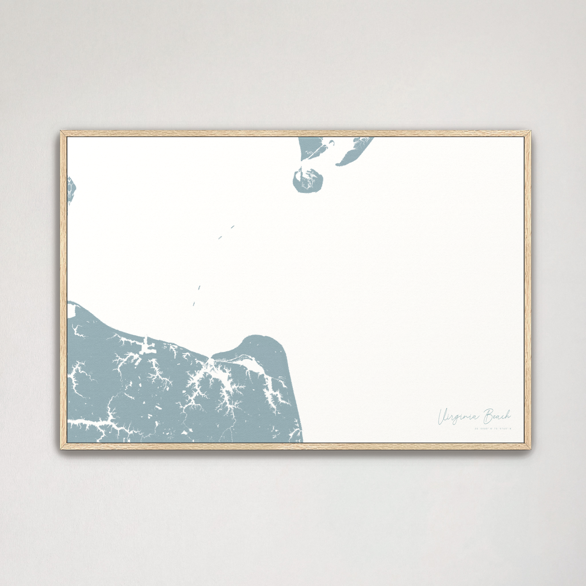 Virginia Beach Coastal Map — Canvas Horizontal, soft-blue, Natural Oak