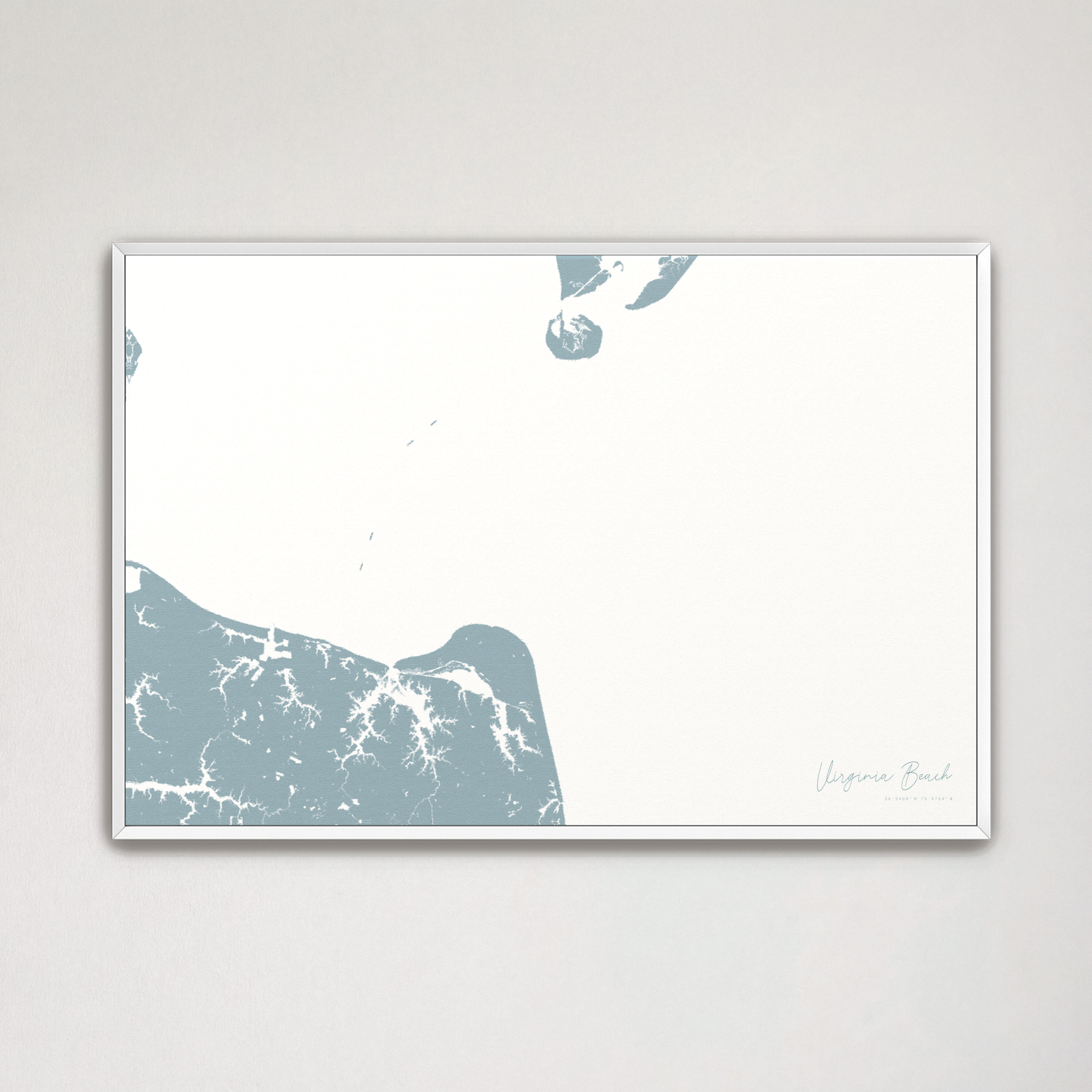Virginia Beach Coastal Map — Canvas Horizontal, soft-blue, White Frame