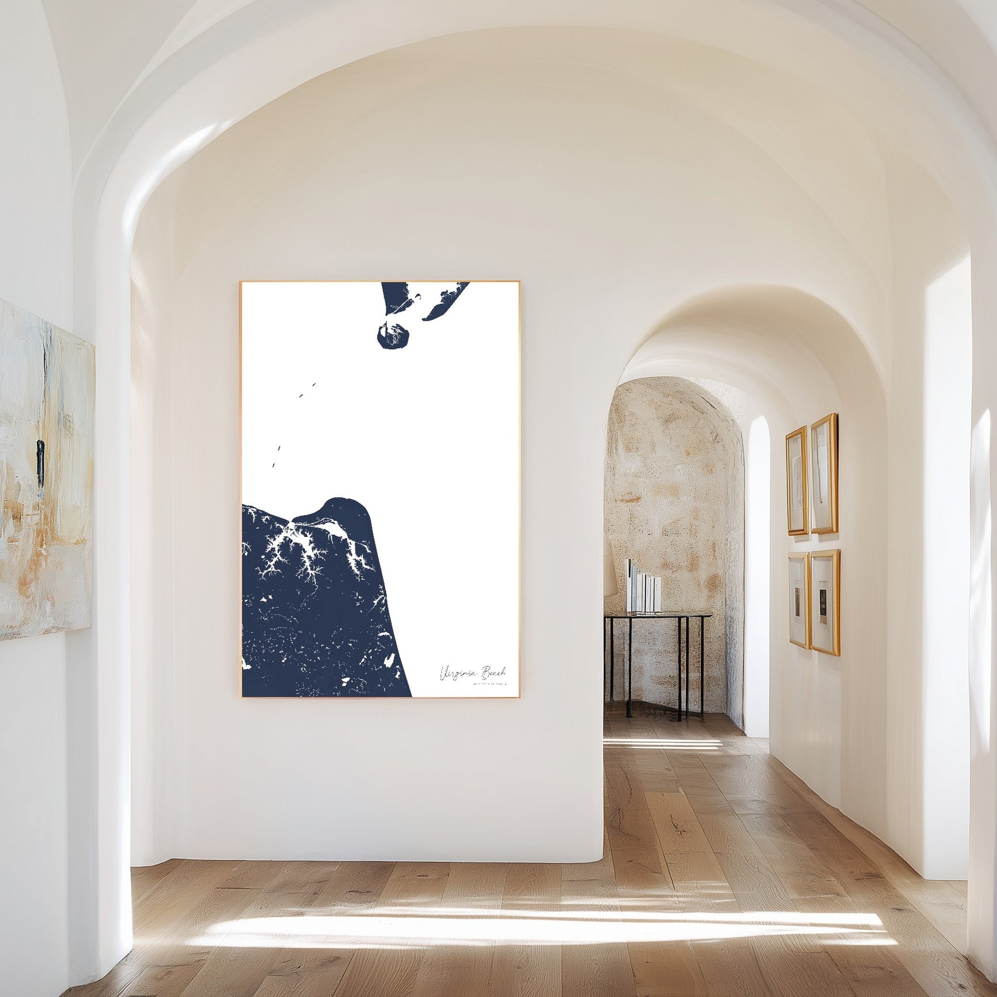 Virginia Beach navy vertical canvas map in the Bello mixed room scene