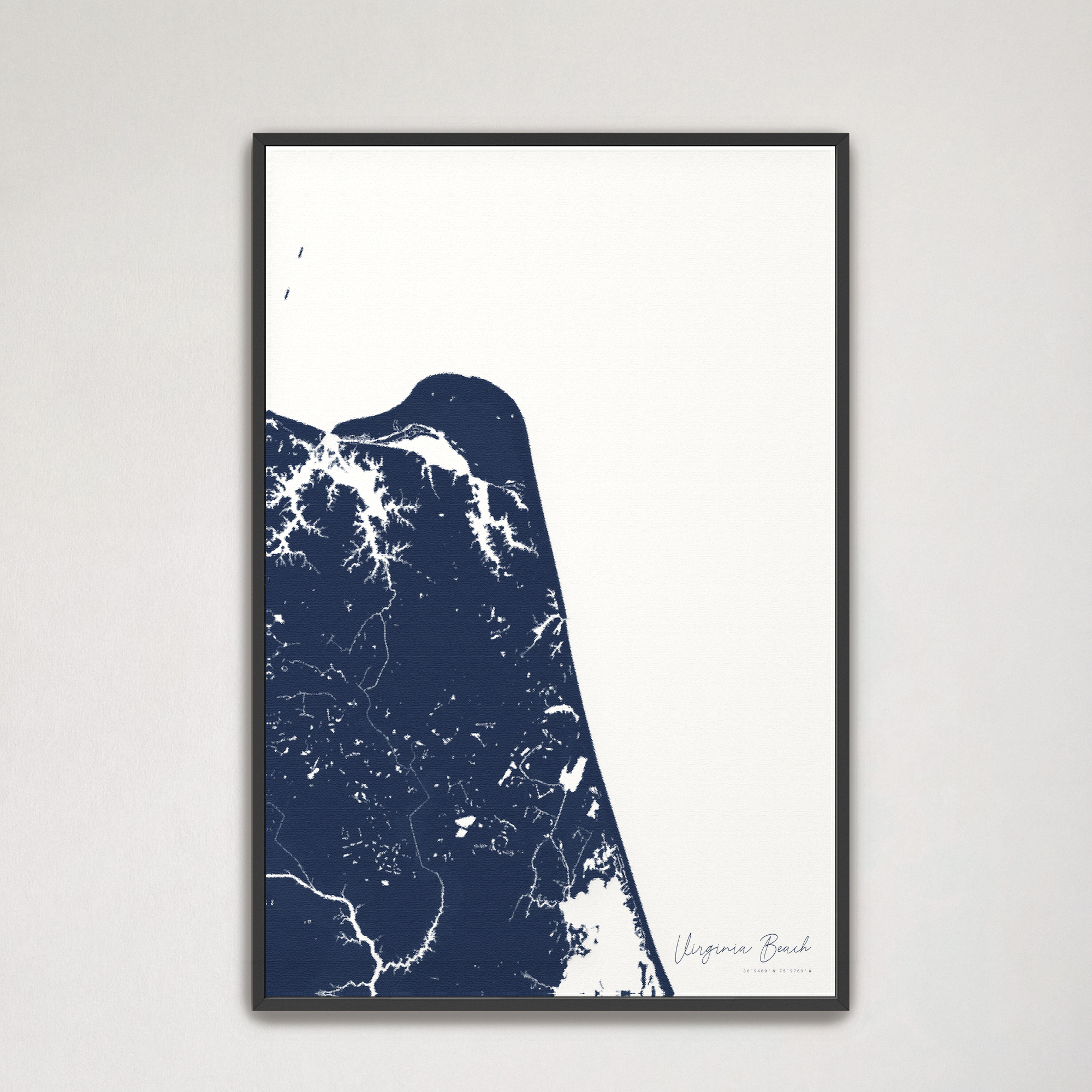 Virginia Beach Coastal Map — Canvas Vertical, navy, Black Frame