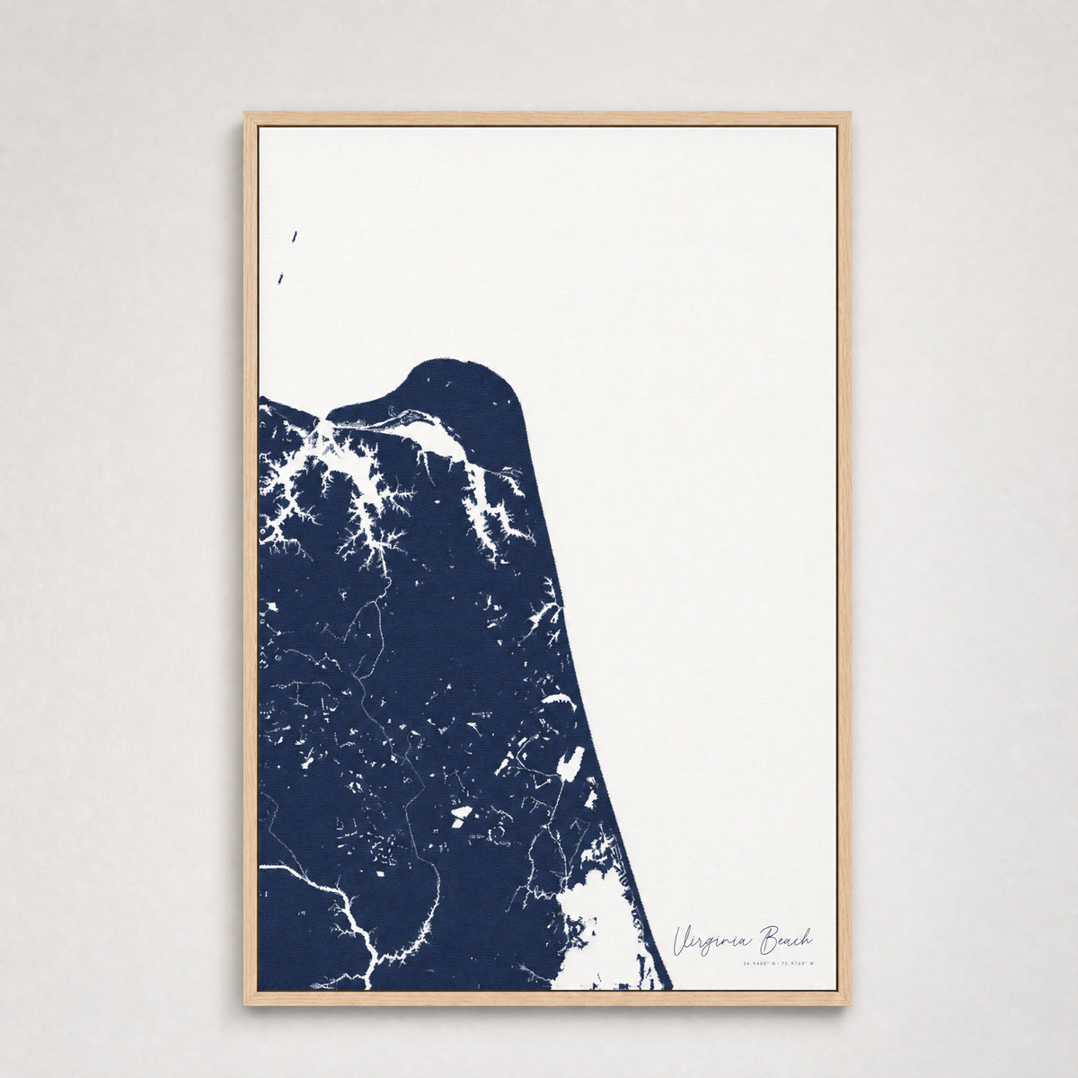 Virginia Beach Coastal Map — Canvas Vertical — navy, Light Wood