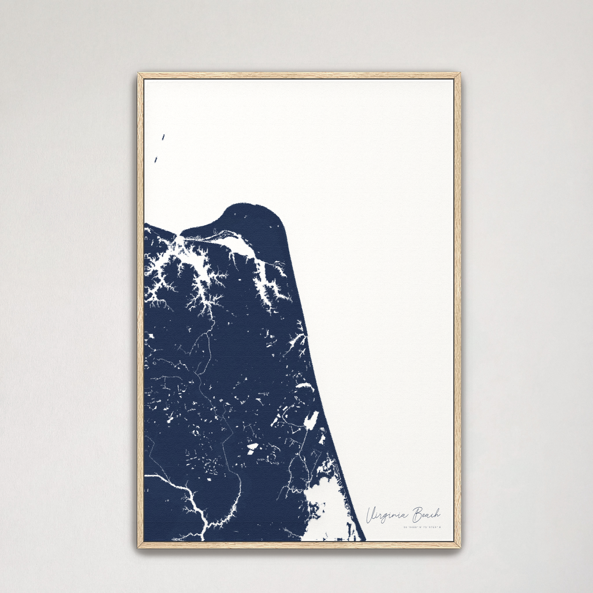 Virginia Beach Coastal Map — Canvas Vertical, navy, Natural Oak