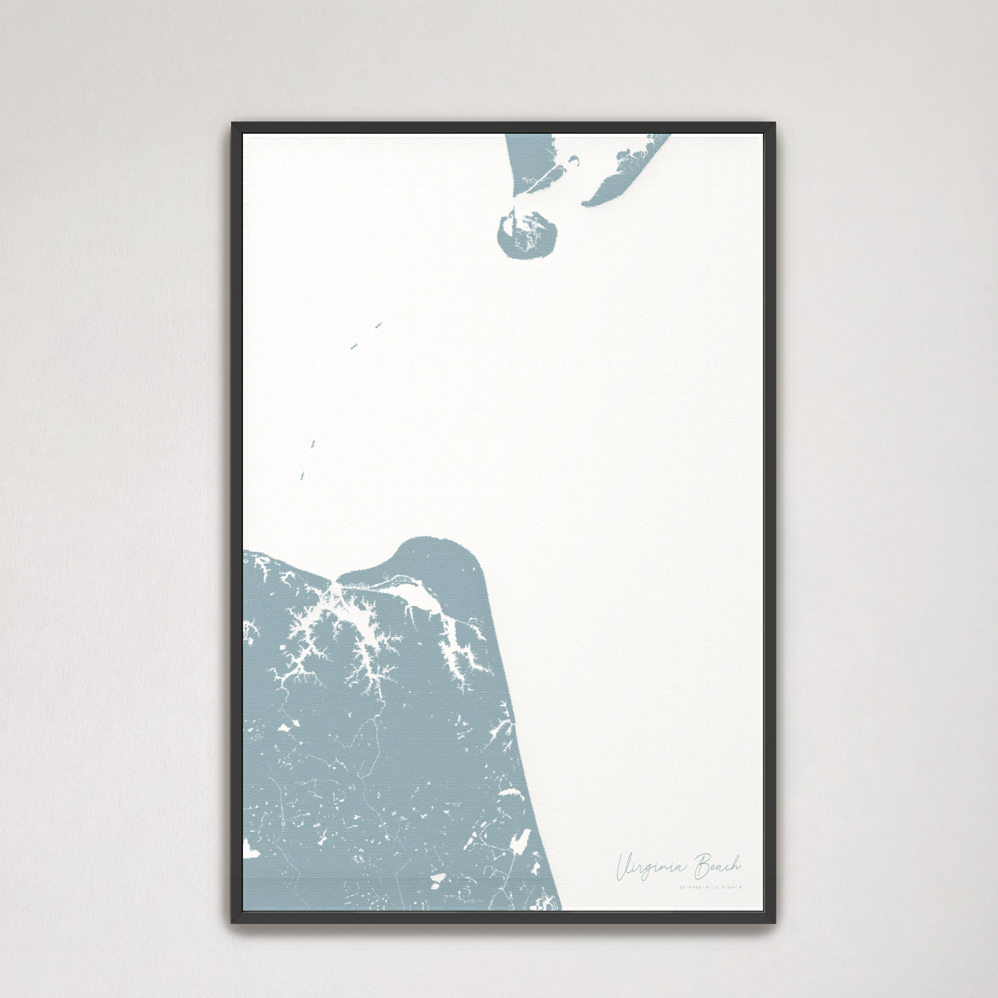 Virginia Beach Coastal Map — Canvas Vertical, soft-blue, Black Frame