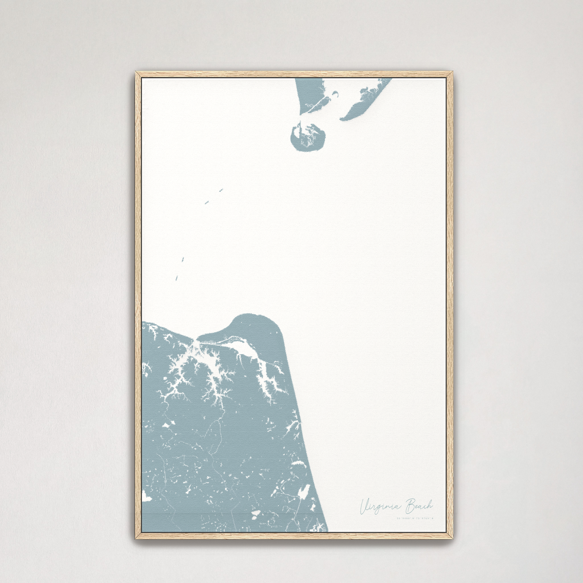Virginia Beach Coastal Map — Canvas Vertical, soft-blue, Natural Oak