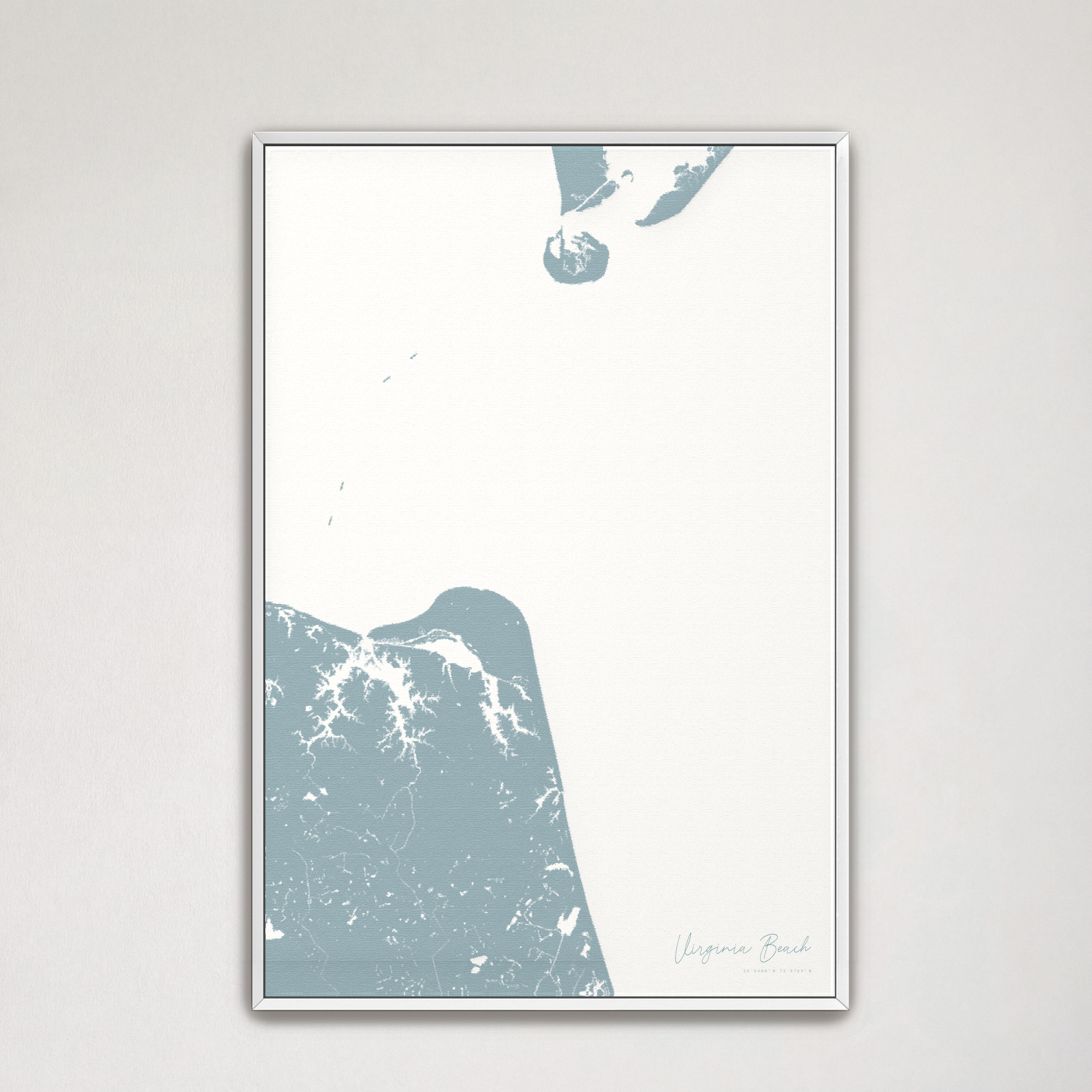 Virginia Beach Coastal Map — Canvas Vertical, soft-blue, White Frame