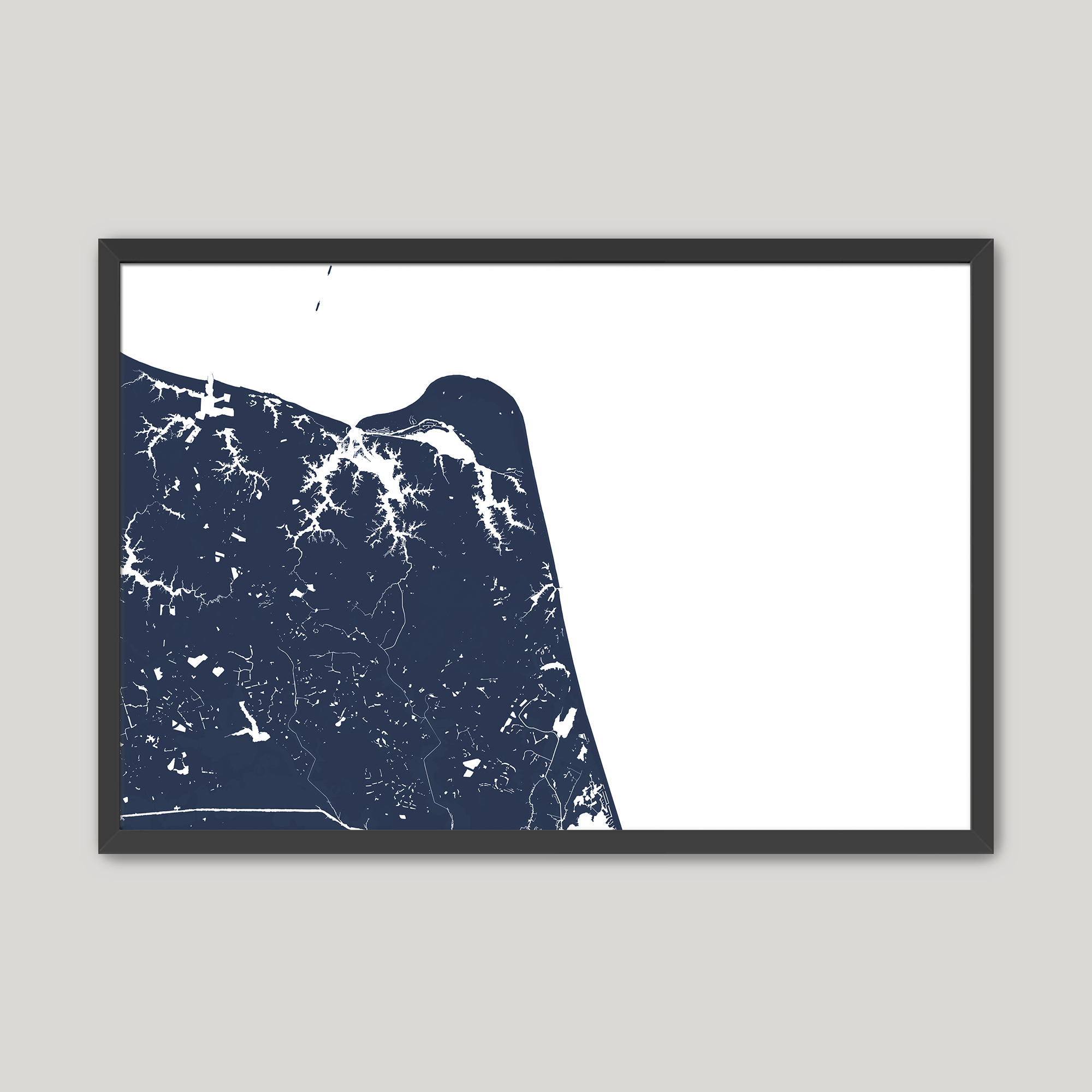 Virginia Beach Coastal Map — Fine Art Print Horizontal, navy, Black Frame, 16x12